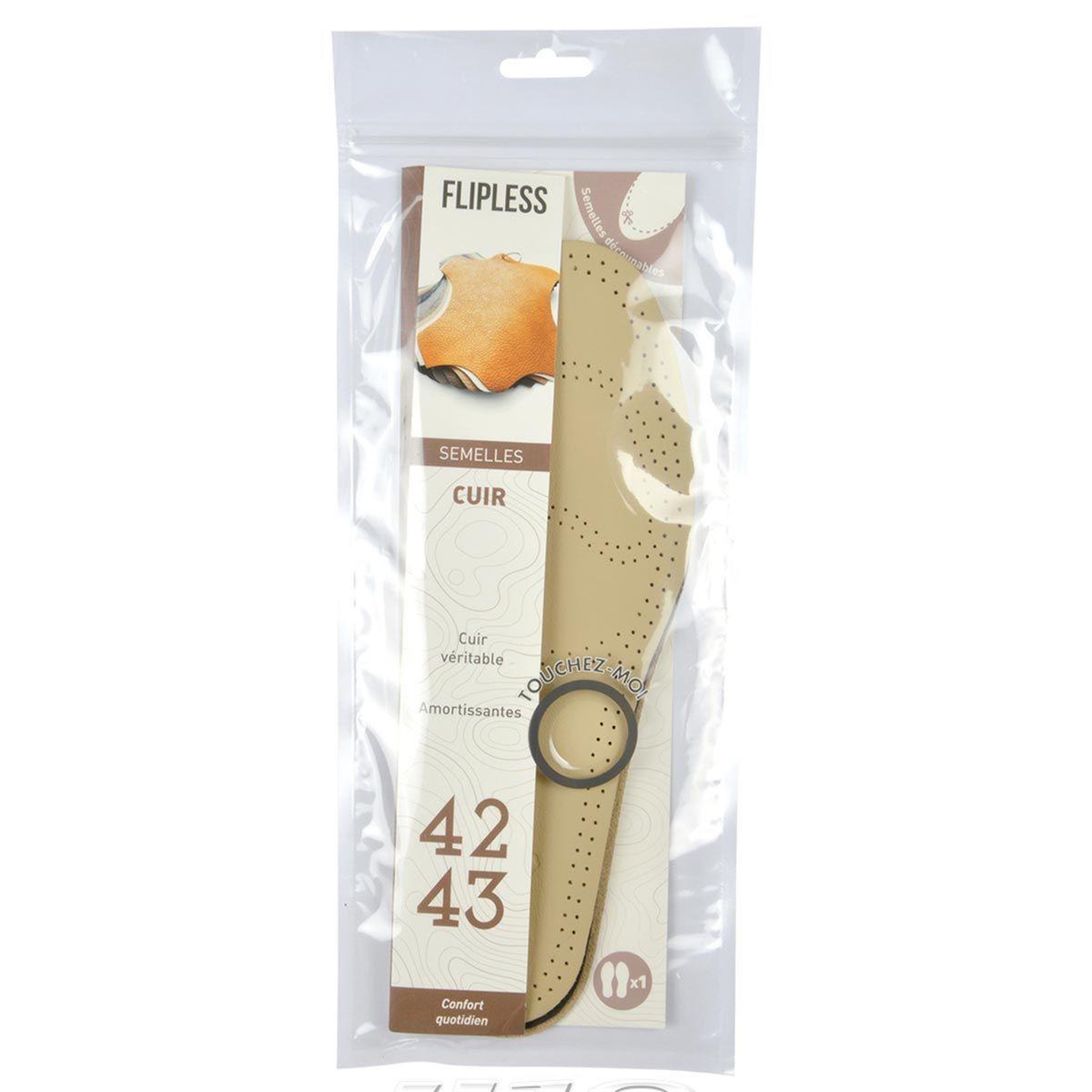 Voir la diapositive 2 : FLIPLESS Semelles chaussures  cuir  taille 42/43cm beige