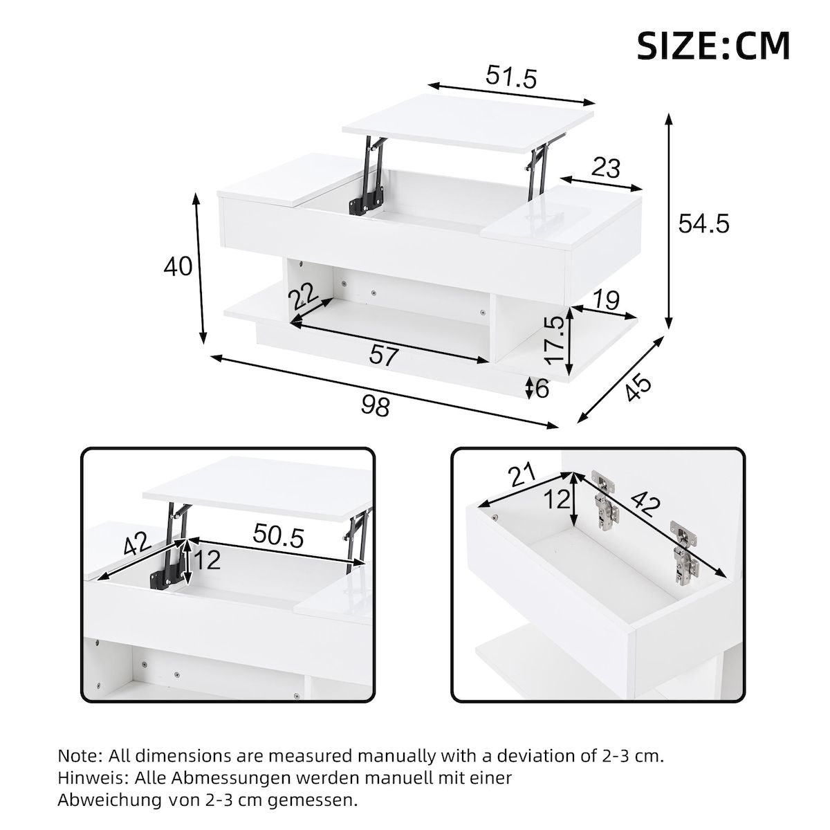 MERAX Table basse relevable rectangulaire blanc - 45x98 cm led panneau de particules