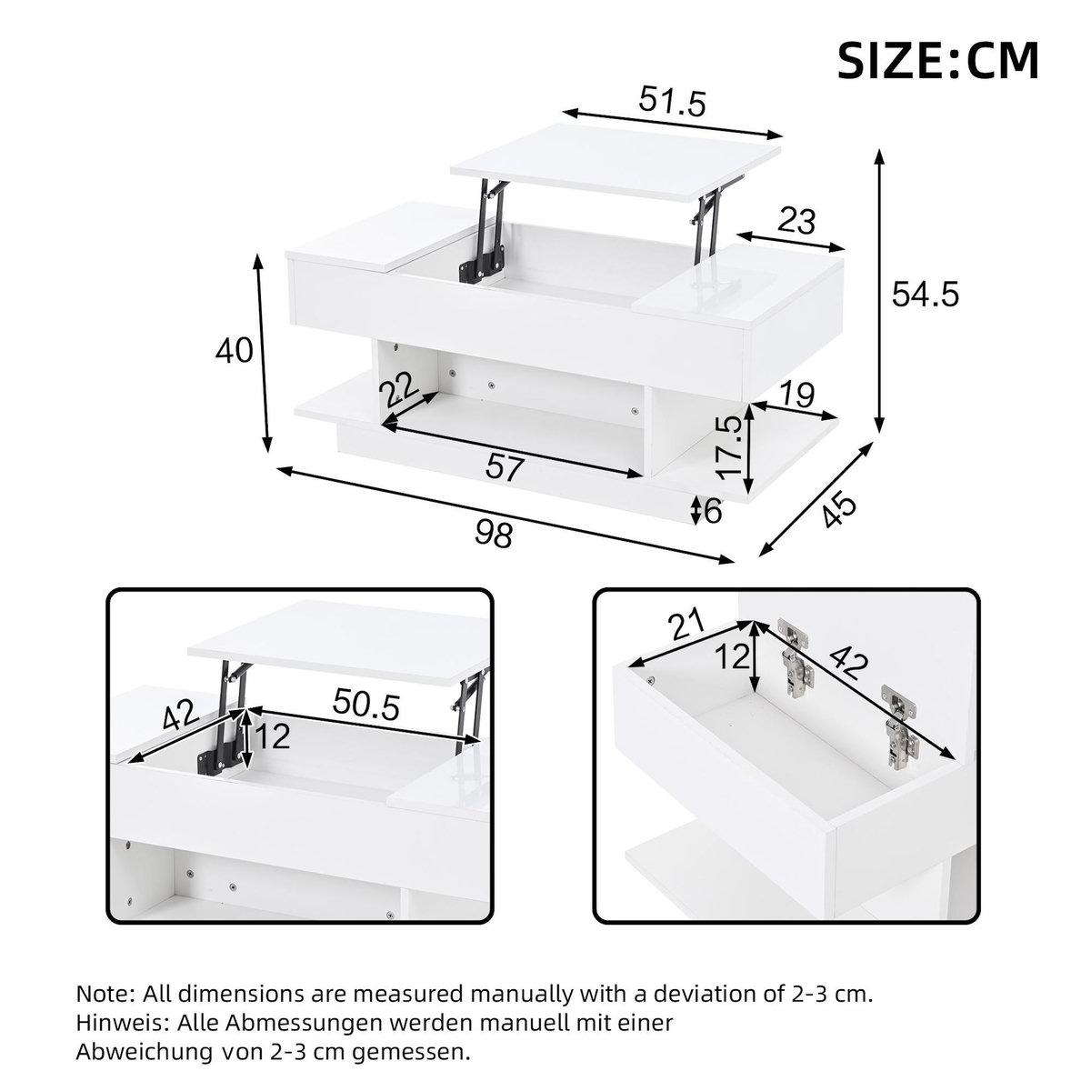 MERAX Table basse relevable rectangulaire blanc - 45x98 cm led panneau de particules
