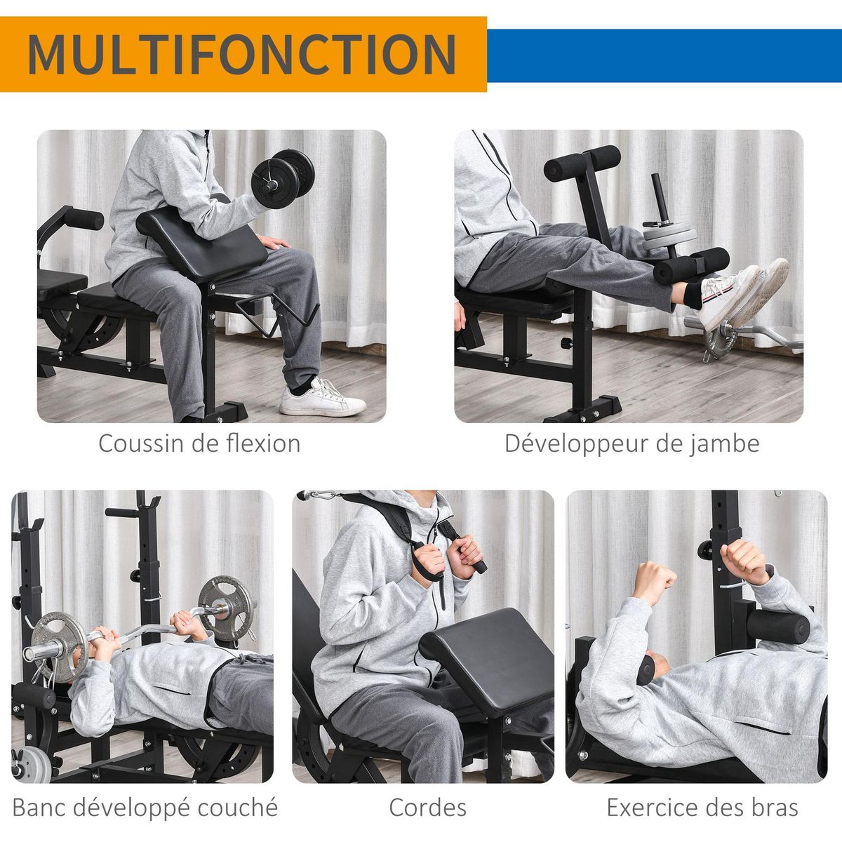 HOMCOM Banc de musculation multifonction réglable - pupitre à biceps, repose barre curl, poignées à Dips, module extension bras jambes, résistance horizontale - acier noir