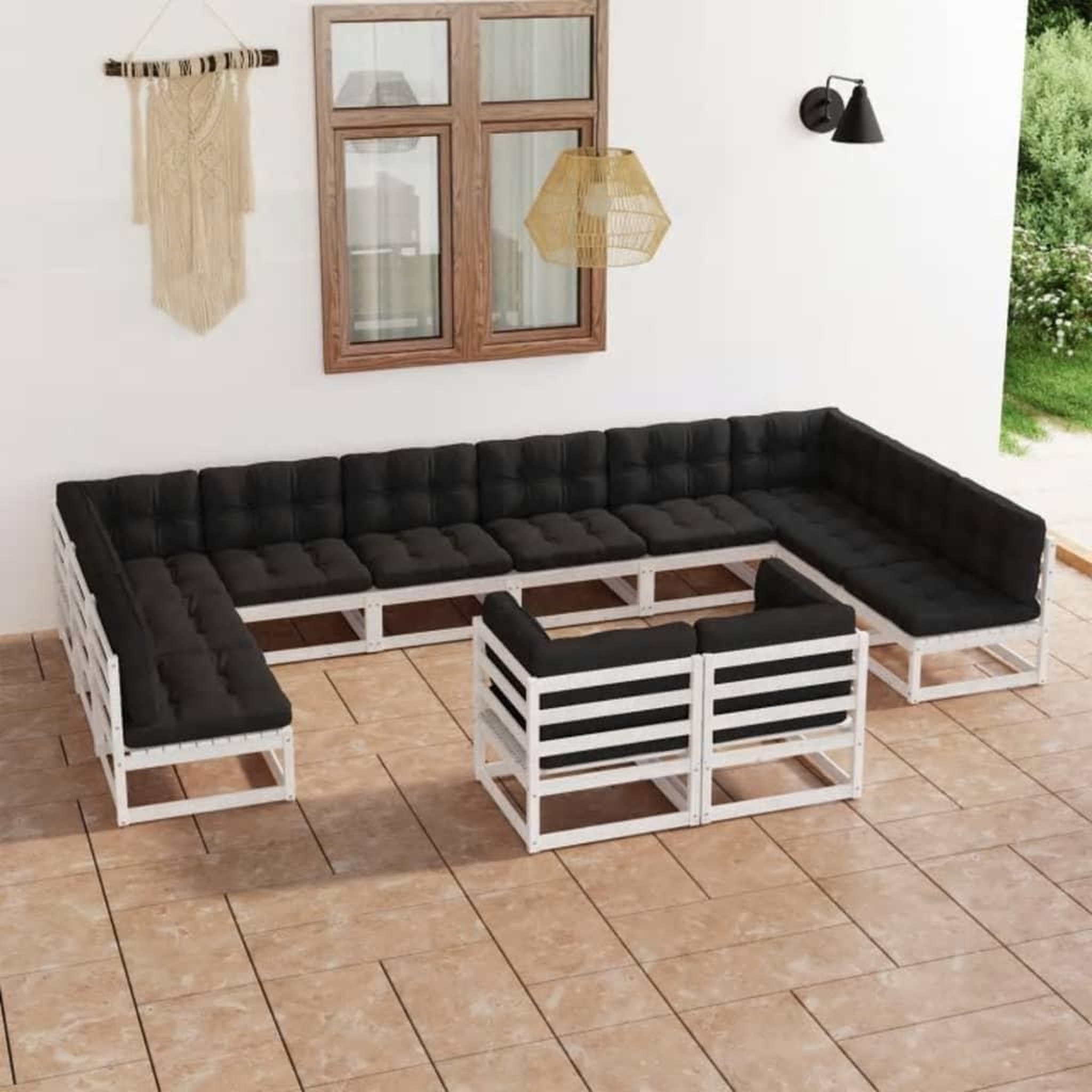 Voir la diapositive 1 : VIDAXL Salon de jardin 12 pcs avec coussins Blanc Bois de pin massif