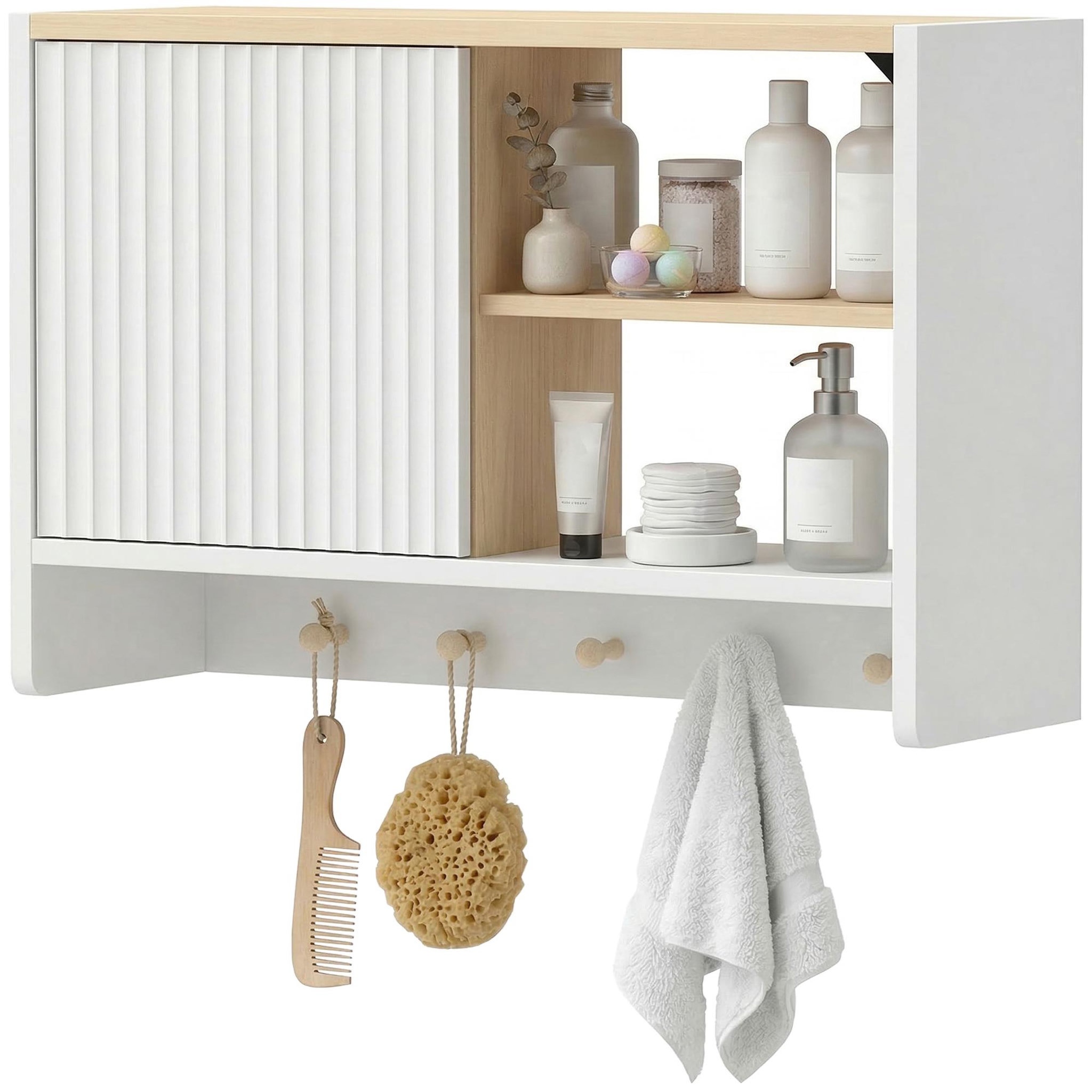 Voir la diapositive 5 : HOMCOM Armoire murale salle de bain rangement porte crochets bois blanc chêne