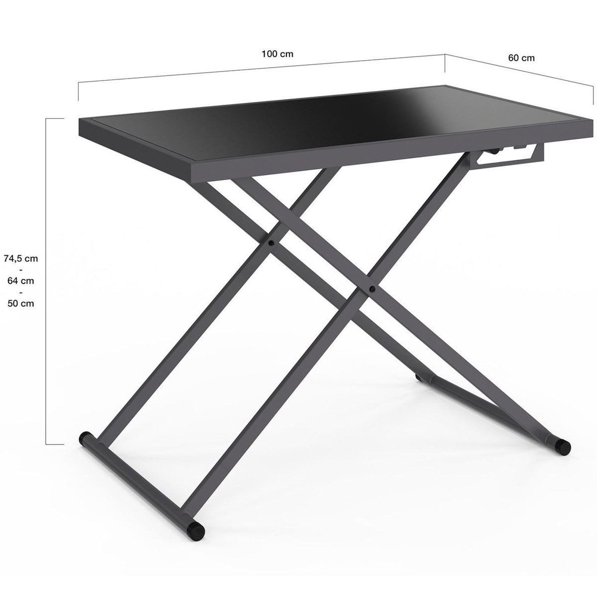 ID MARKET Table de jardin relevable rectangulaire 100 cm OLIE en métal gris anthracite et plateau gris