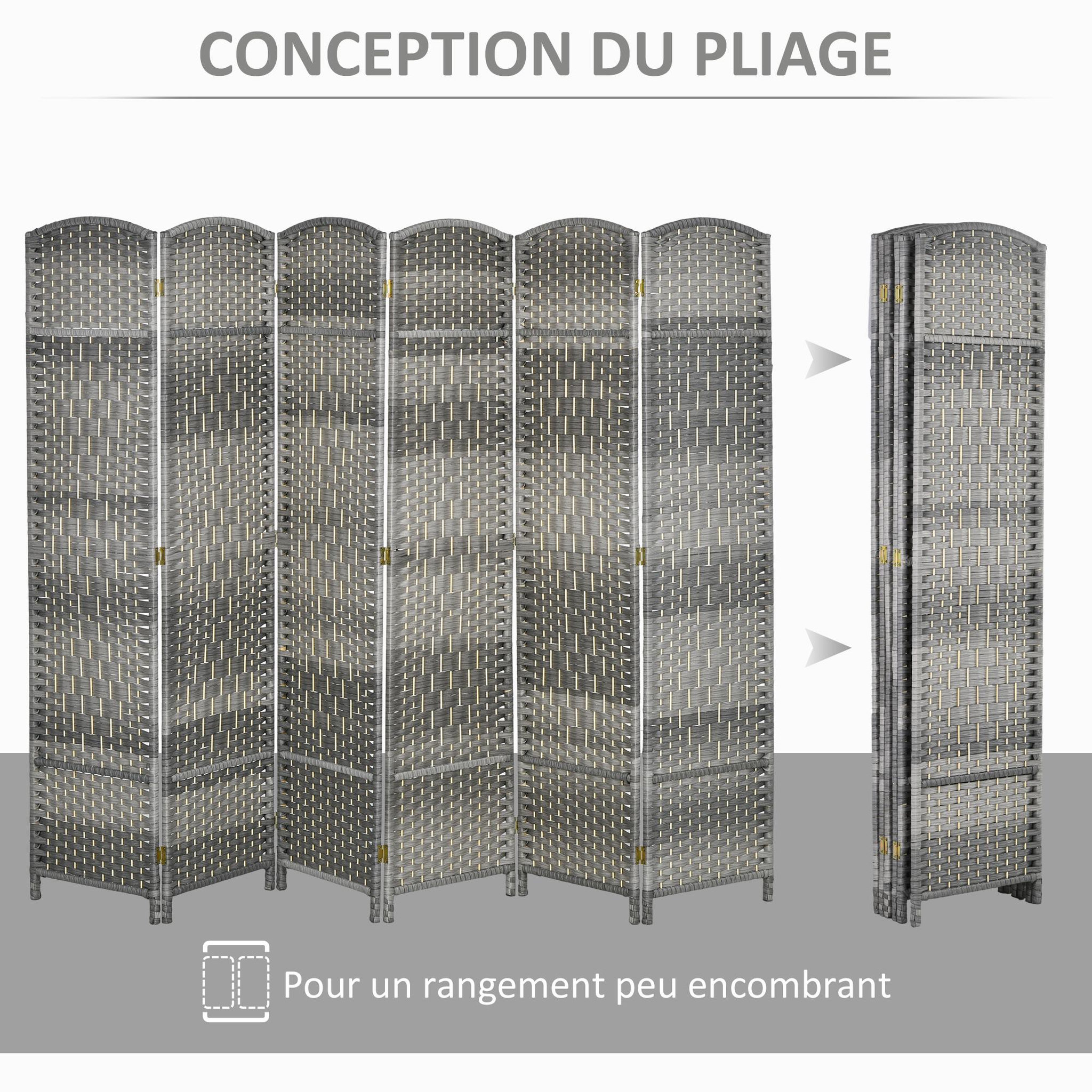 Voir la diapositive 5 : HOMCOM Paravent intérieur 6 panneaux pliables en bois séparateur de pièce style bohème tissé gris