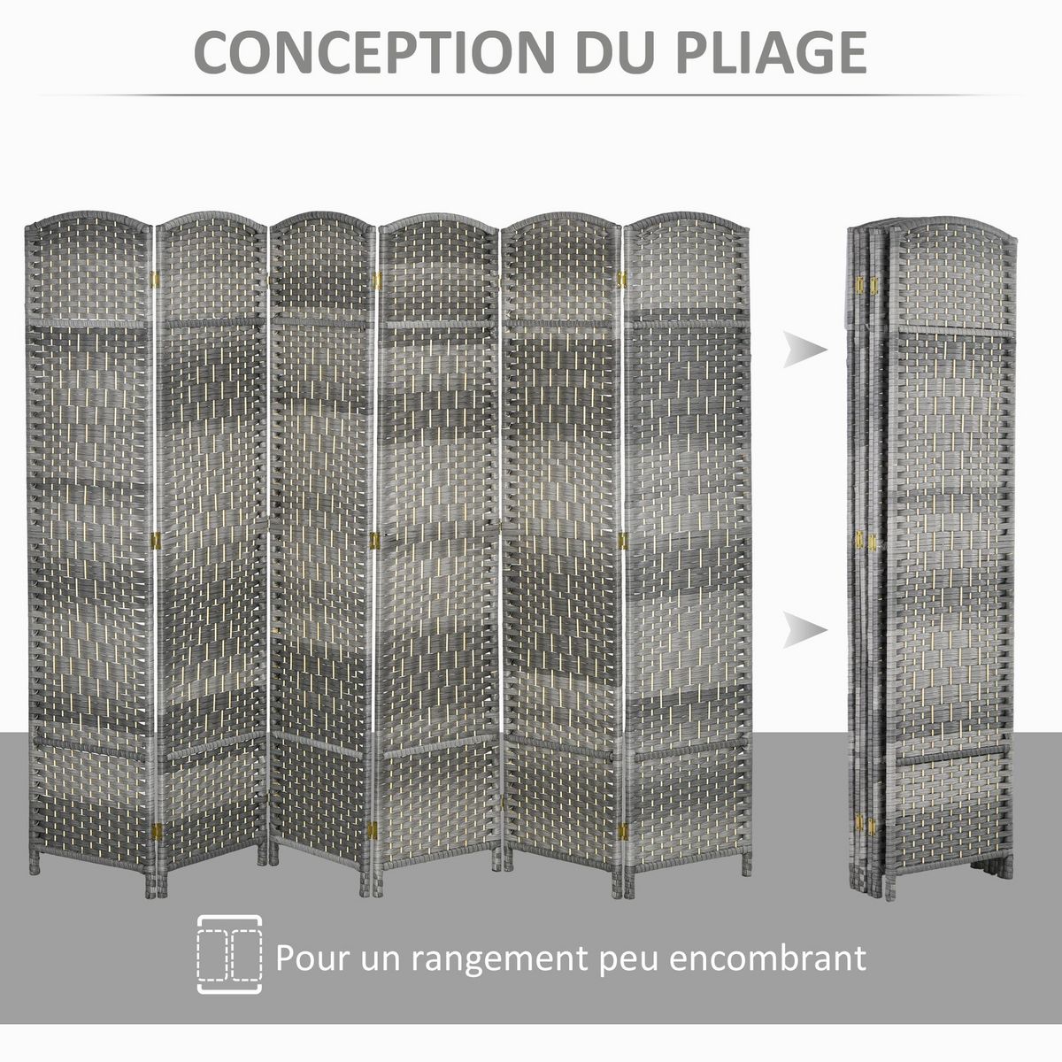 HOMCOM Paravent intérieur 6 panneaux pliables en bois séparateur de pièce style bohème tissé gris