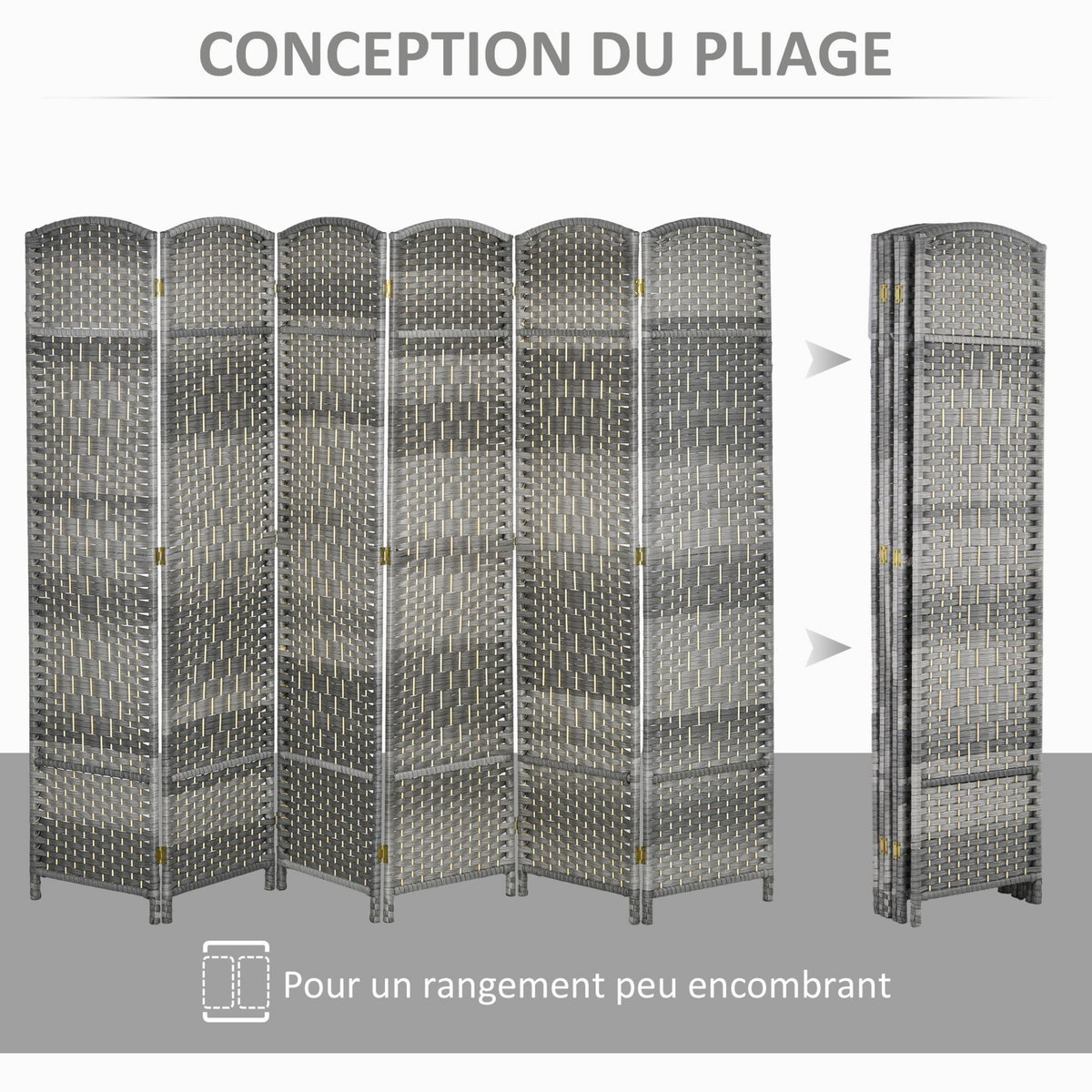 HOMCOM Paravent intérieur 6 panneaux pliables en bois séparateur de pièce style bohème tissé gris