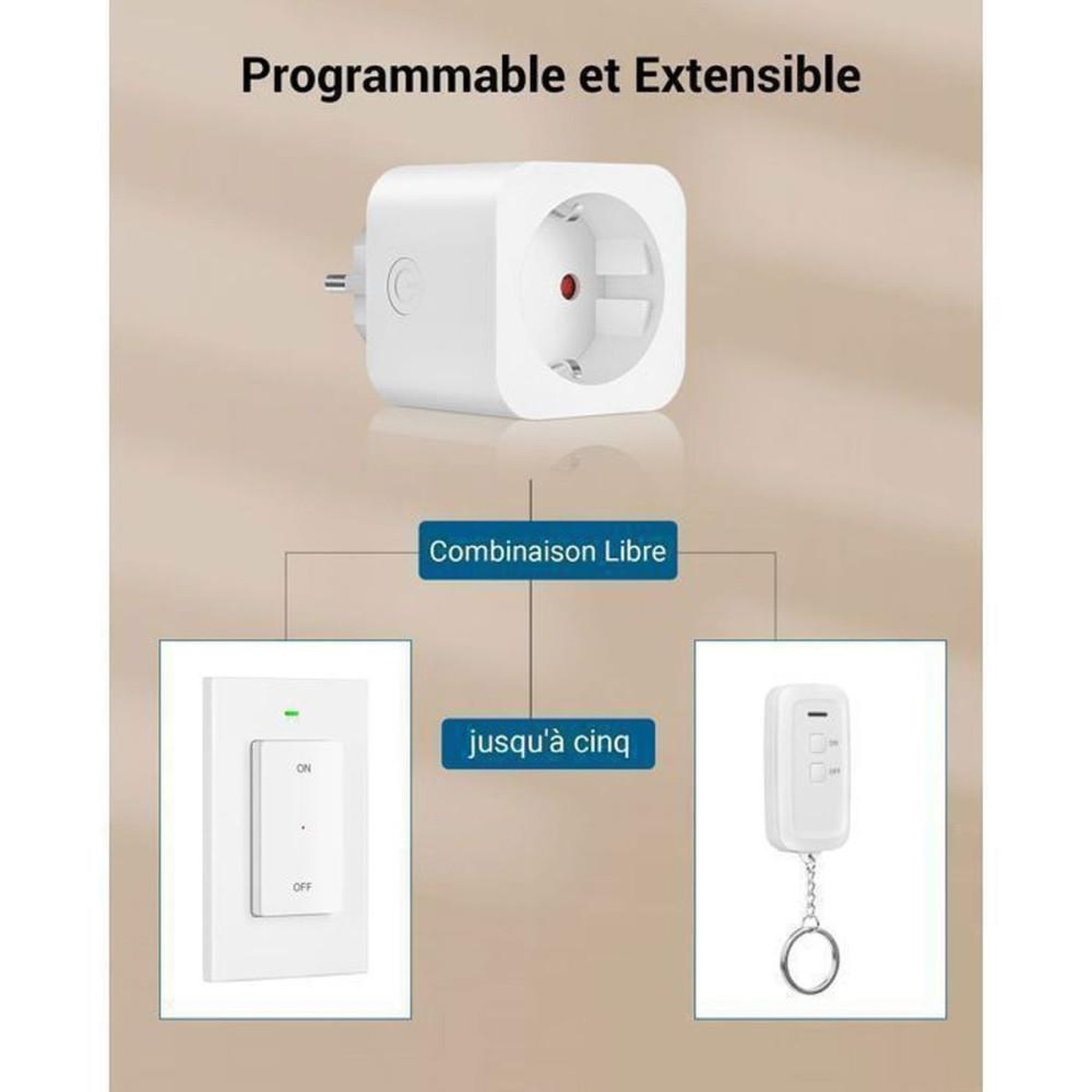 Voir la diapositive 6 : Pack prises connectées avec télécommande, 2 sorties + interrupteur mural amovible, 16 A 3680 W, blanc, fréquence 433,92 MHz, portée jusqu'à 30 m