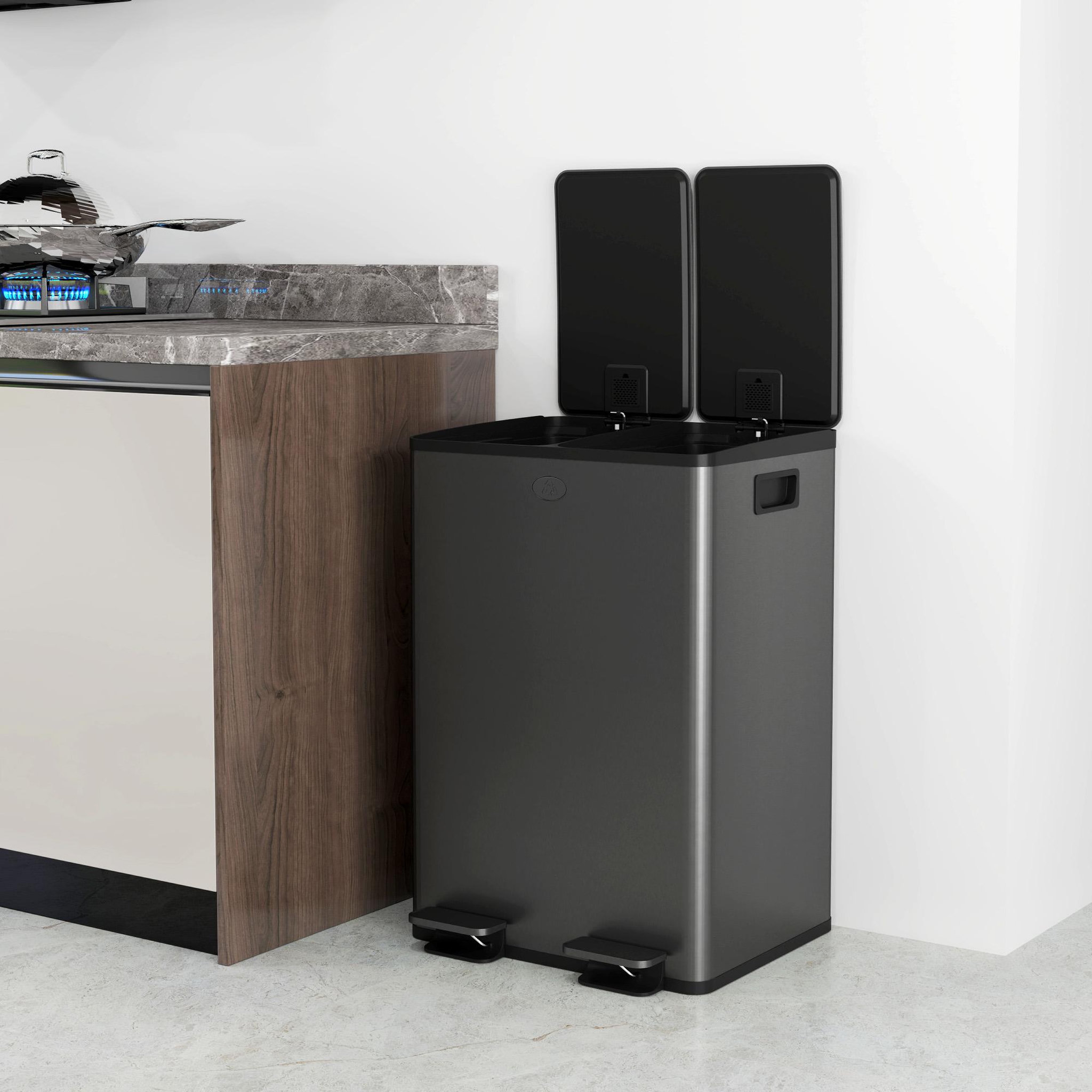 Voir la diapositive 4 : HOMCOM Poubelle de cuisine tri selectif 2 x 28l - poubelle à pédales - acier inox