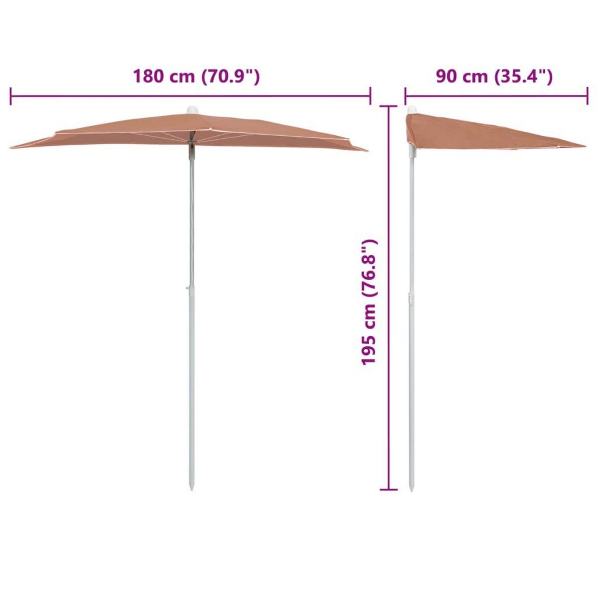 VIDAXL Demi-parasol de jardin avec mat 180x90 cm terre cuite