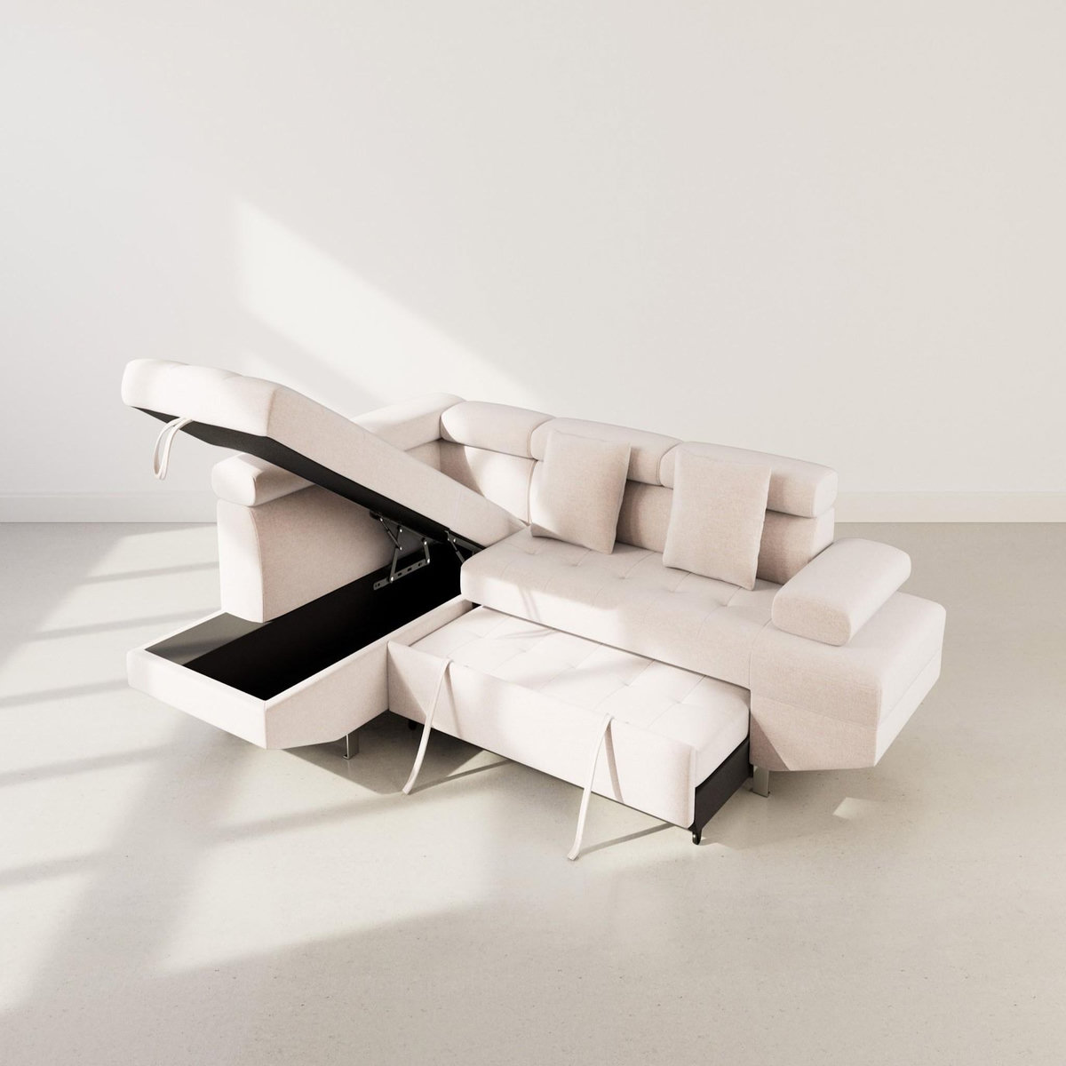 BEST MOBILIER Margaux - canapé d'angle gauche 5 places convertible avec coffre et têtières réglables en velours texturé