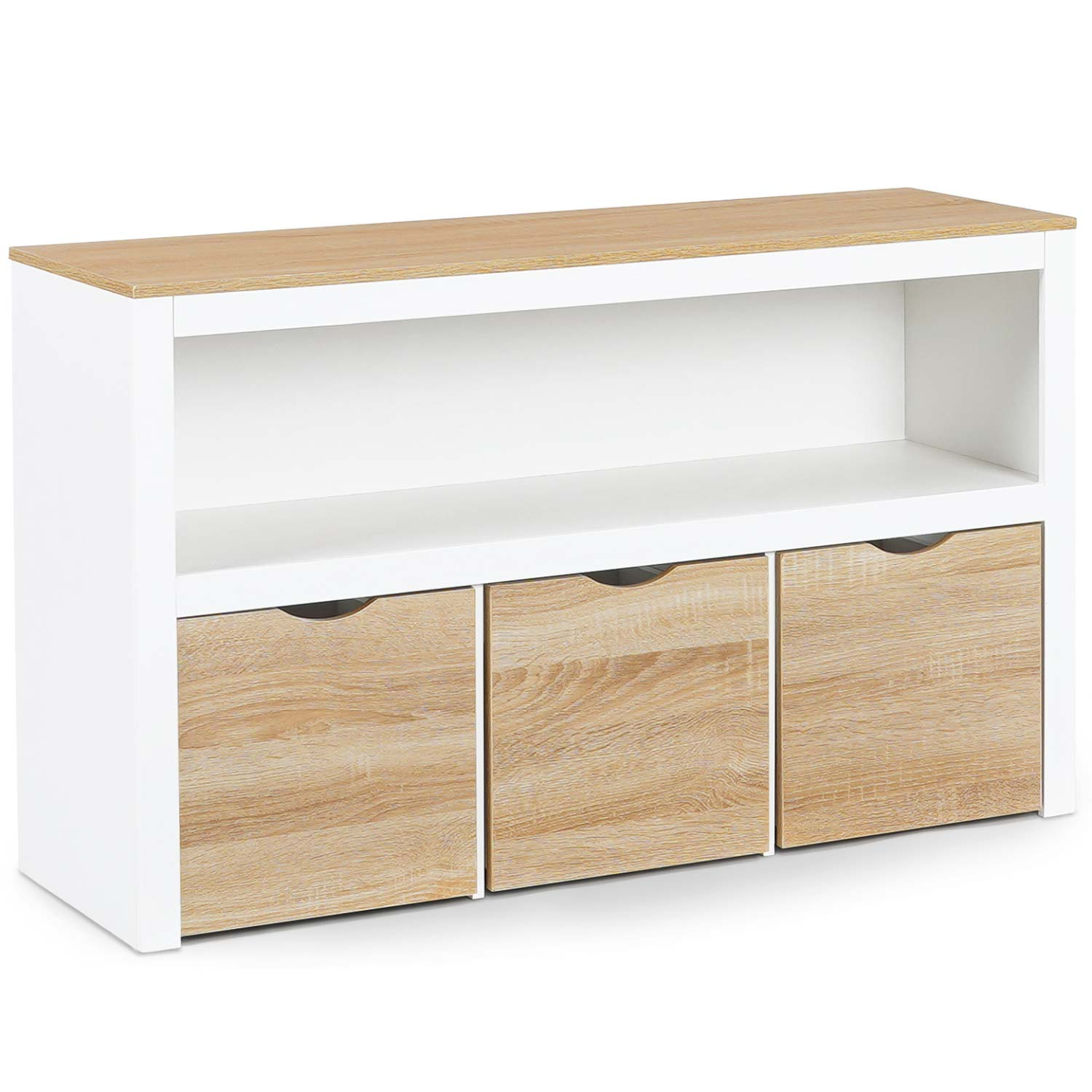 Voir la diapositive 3 : ID MARKET Meuble de rangement enfant mana en bois blanc et hêtre 3 tiroirs cubes sur roulettes