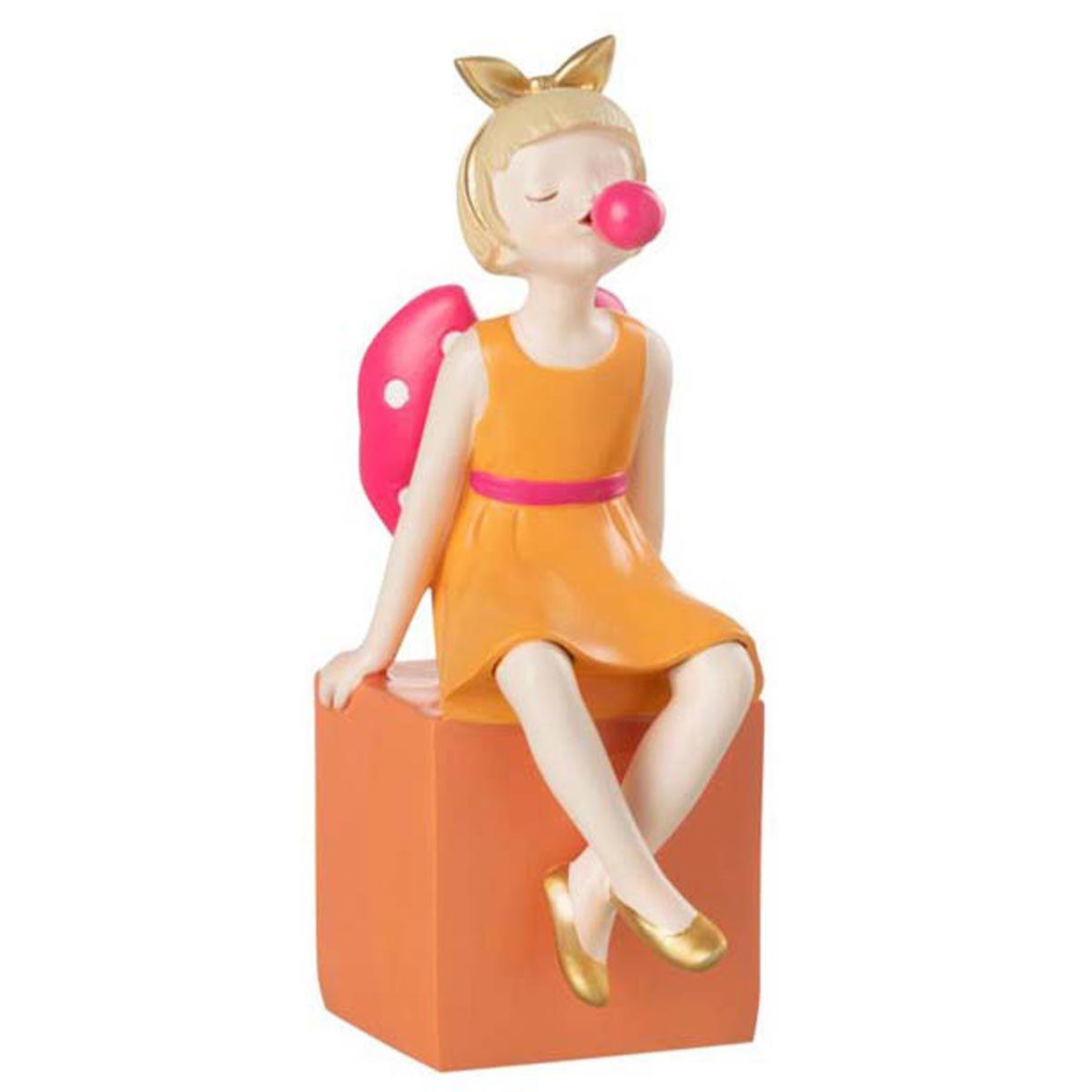 Voir la diapositive 1 : J-LINE Statuette Fille Assis  Bulle  20cm Orange & Rose