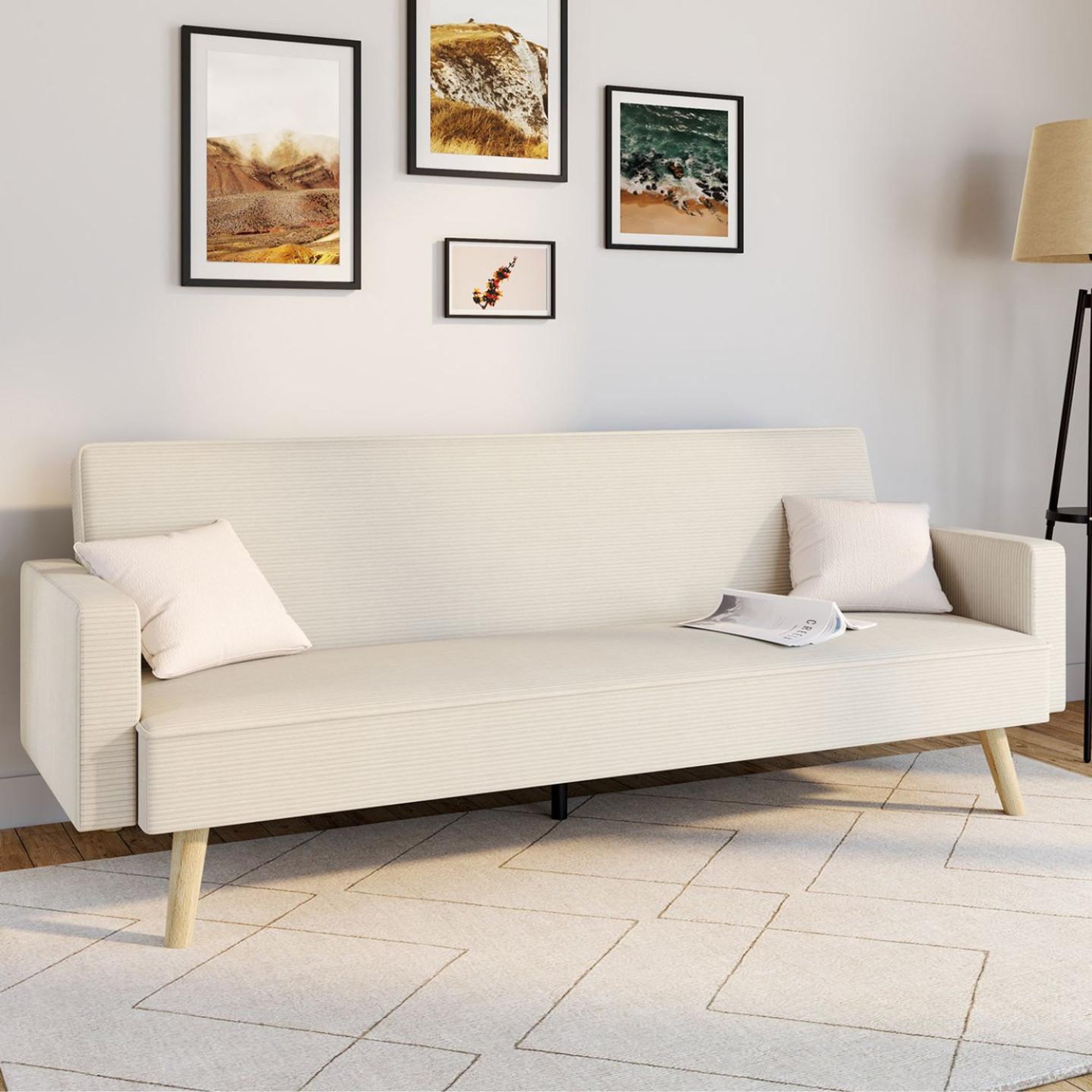 Voir la diapositive 2 : ID MARKET Canapé droit scandinave 3 places convertible lars en velours côtelé beige