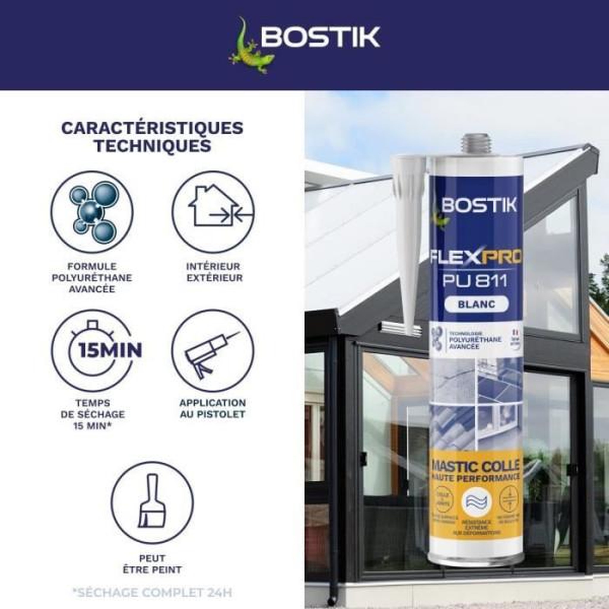 Voir la diapositive 3 : Bostik Mastic colle/joint - BOSTIK - Flexpro PU811 - Tous matériaux - Intérieur/extérieur - Blanc - 300 ml