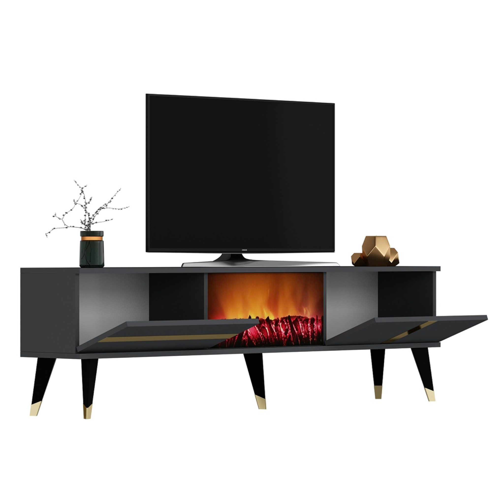 Voir la diapositive 4 : CONCEPT USINE Meuble tv avec cheminée led 150cm gris anthracite suny