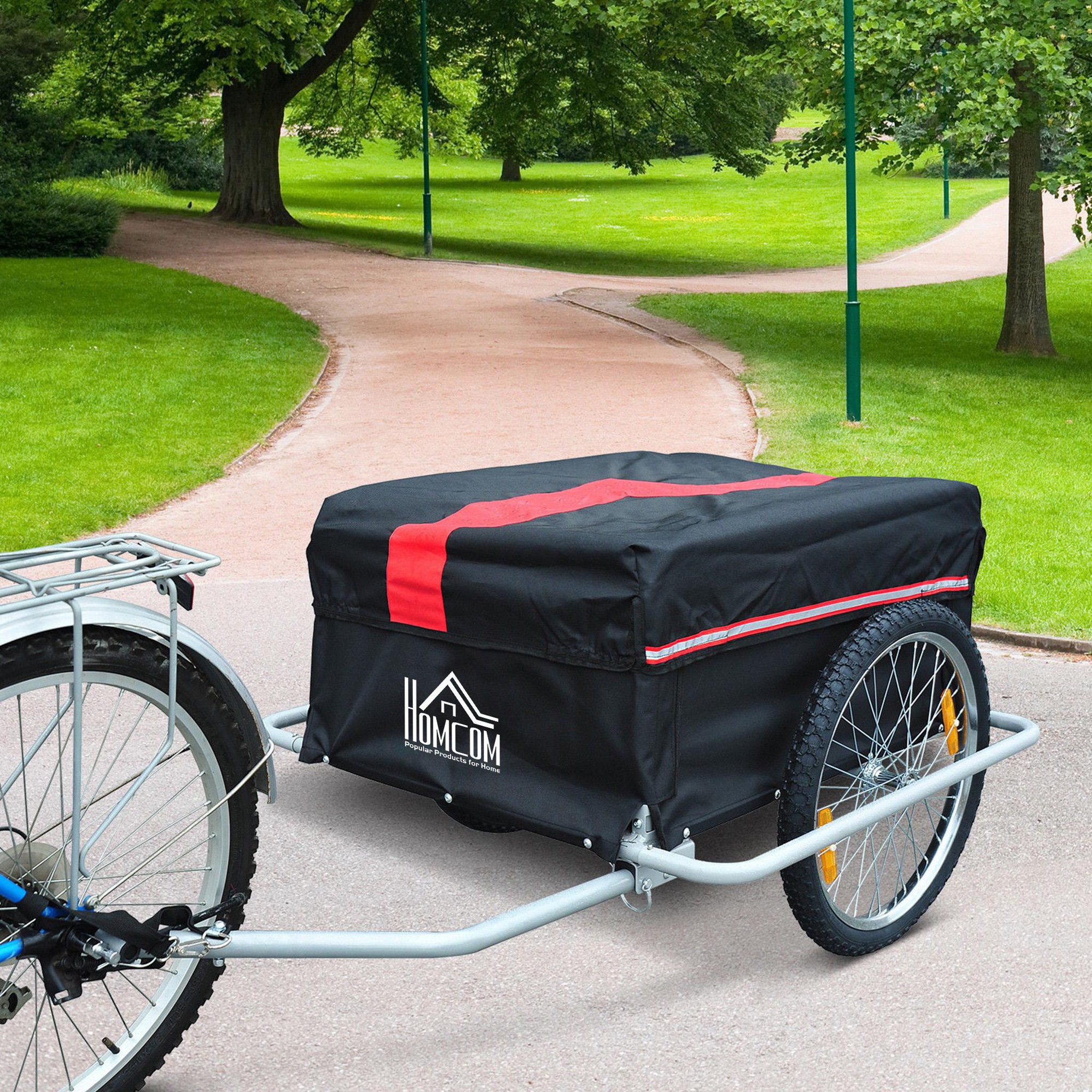 Voir la diapositive 2 : HOMCOM Remorque de transport velo cargo pliable charge max.60kg avec 4 reflecteurs et housse amovible rouge noir
