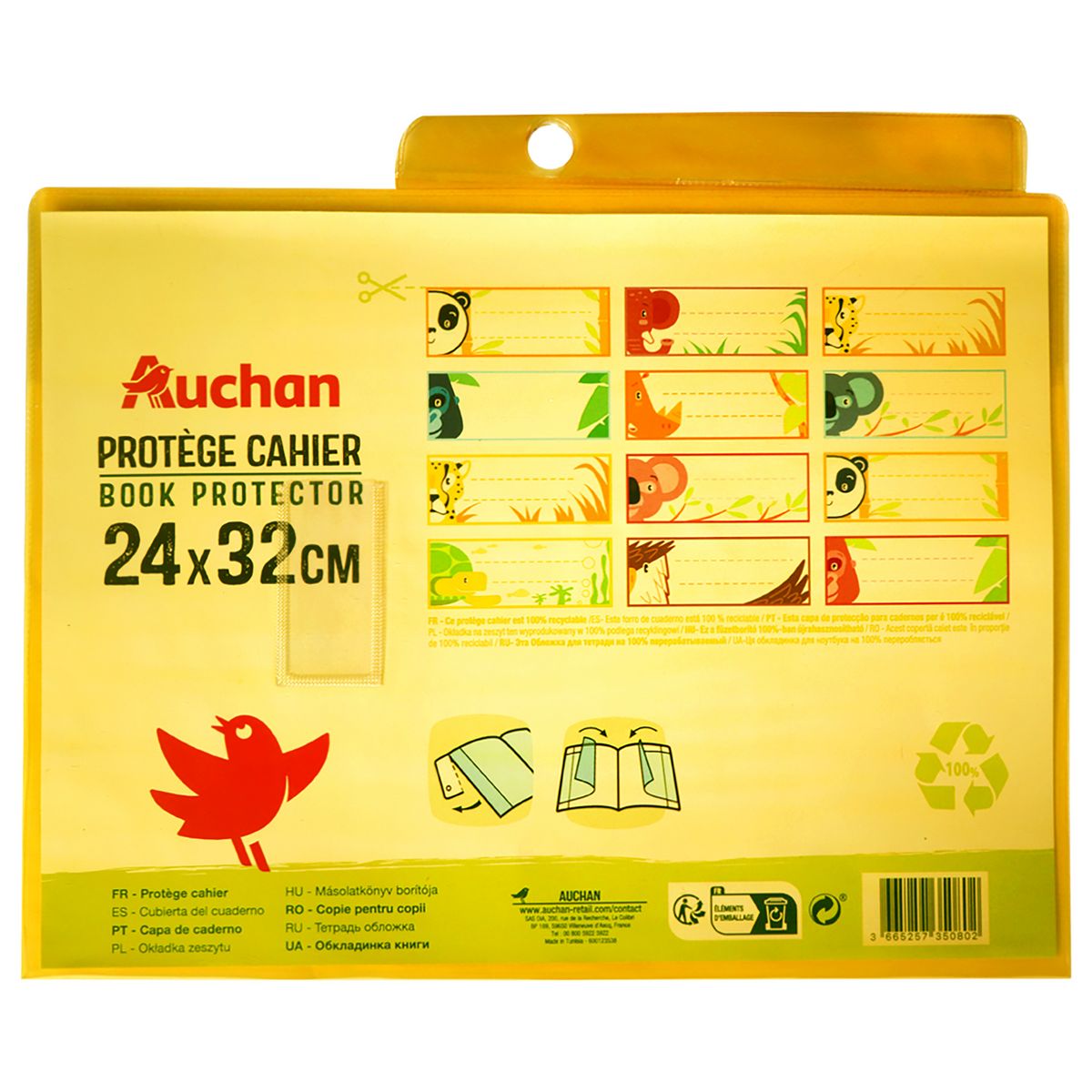 AUCHAN Protège cahier 24x32cm à rabats cristal jaune translucide
