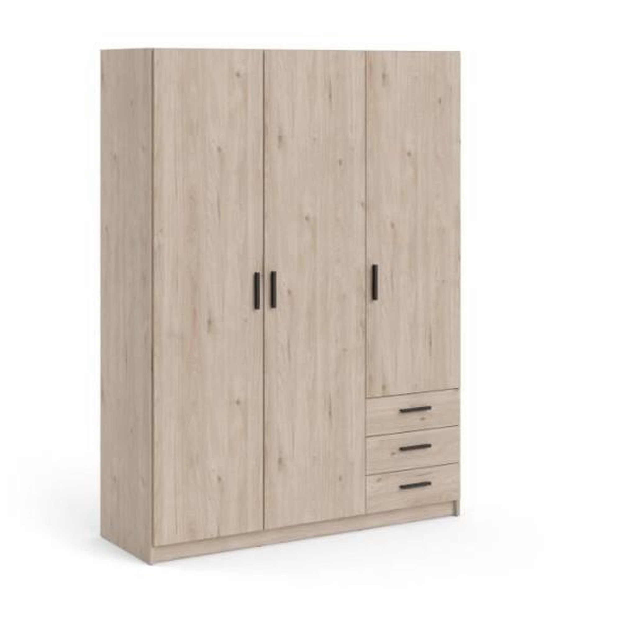 Voir la diapositive 1 : TVILUM Armoire VEGA - Décor chene - 3 portes + 3 tiroirs - L 147 x P 49,6 x H 200,4 cm
