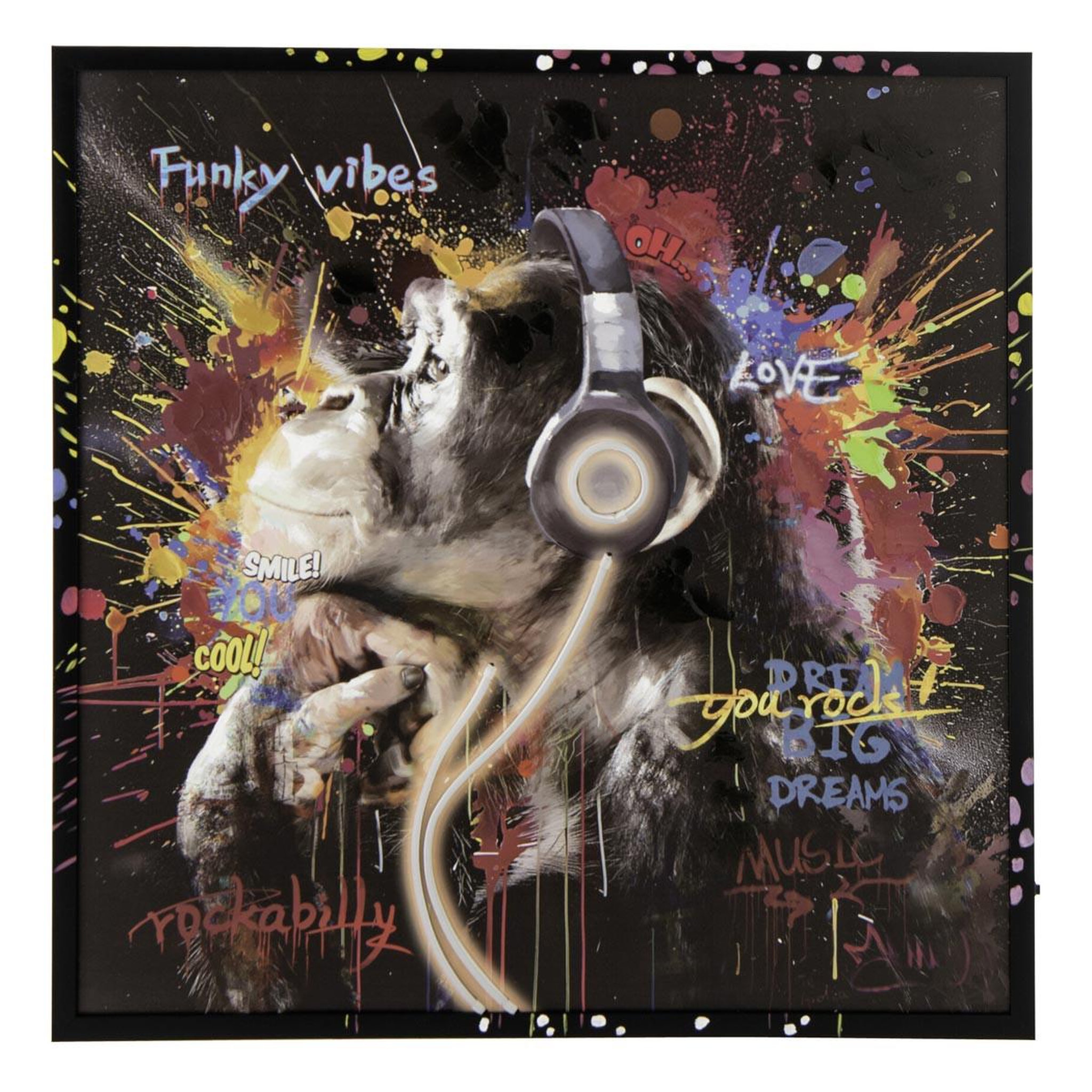 J-LINE Tableau à led  monkey headphone  83x83cm multicolore