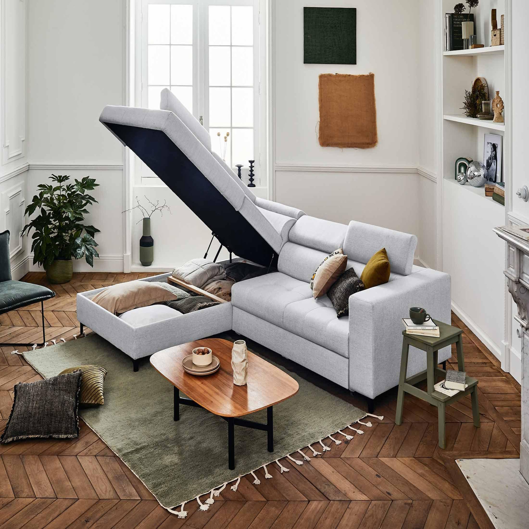 Voir la diapositive 3 : LISA DESIGN Olinda - canapé d'angle gauche - 5 places - convertible avec coffre et têtières réglables - en tissu