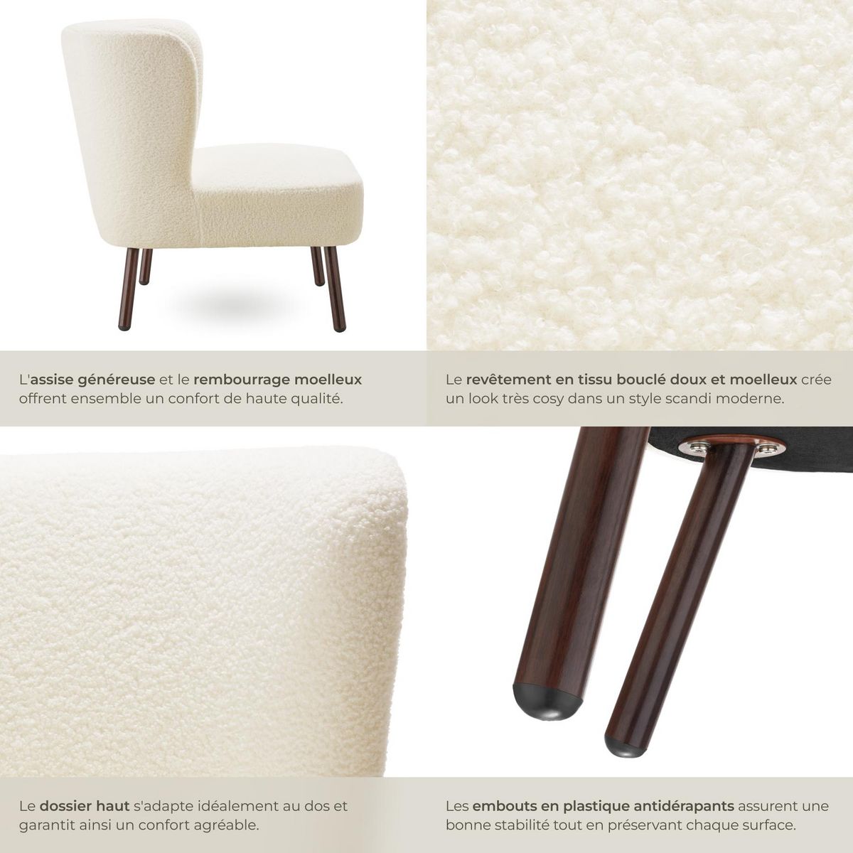 tectake Fauteuil cocktail rembourré avec revêtement en tissu bouclé blanc