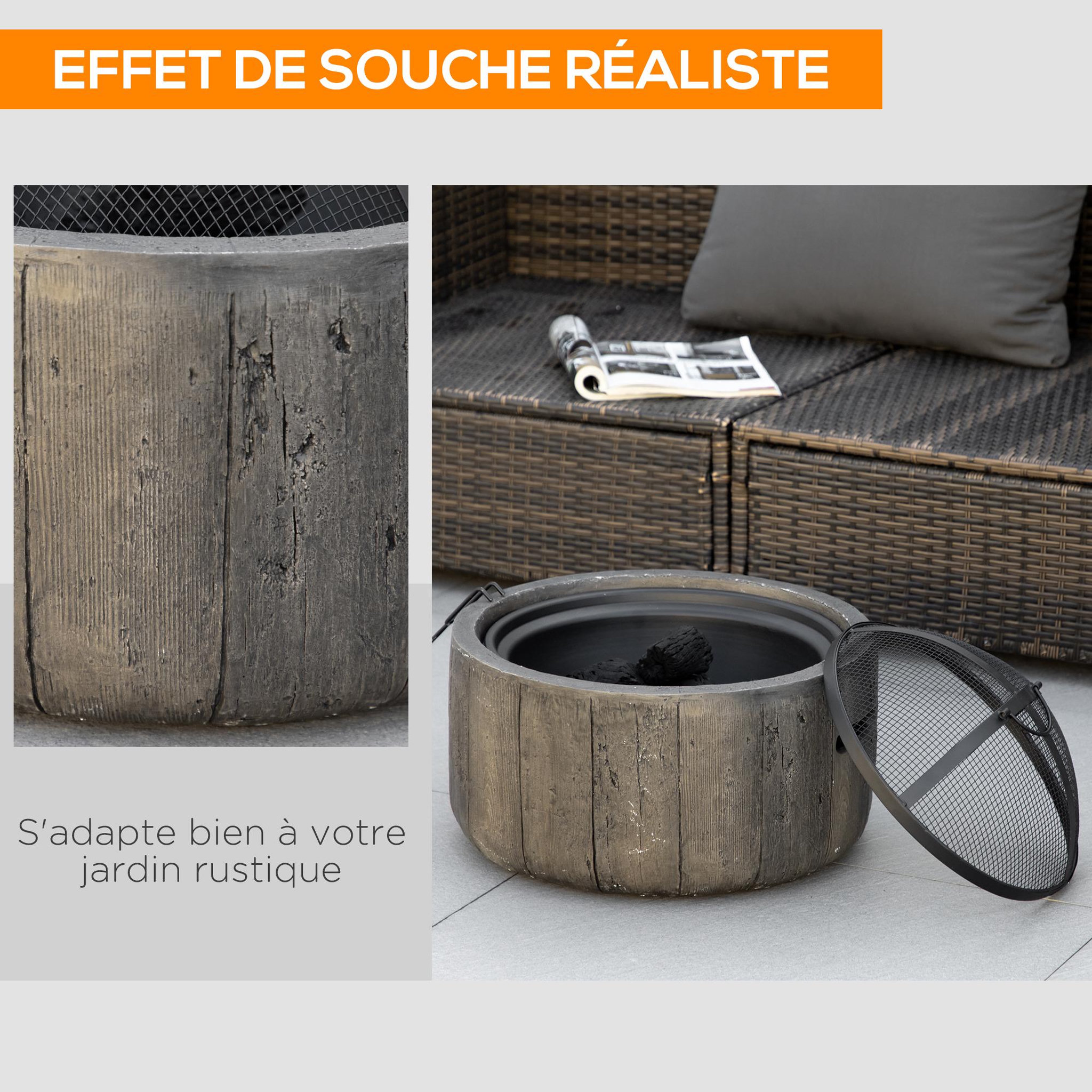 Voir la diapositive 2 : OUTSUNNY Brasero design cheminée foyer extérieur dim. Ø 45,5 x 34H cm grille couvercle tisonnier métal noir MGO aspect bois