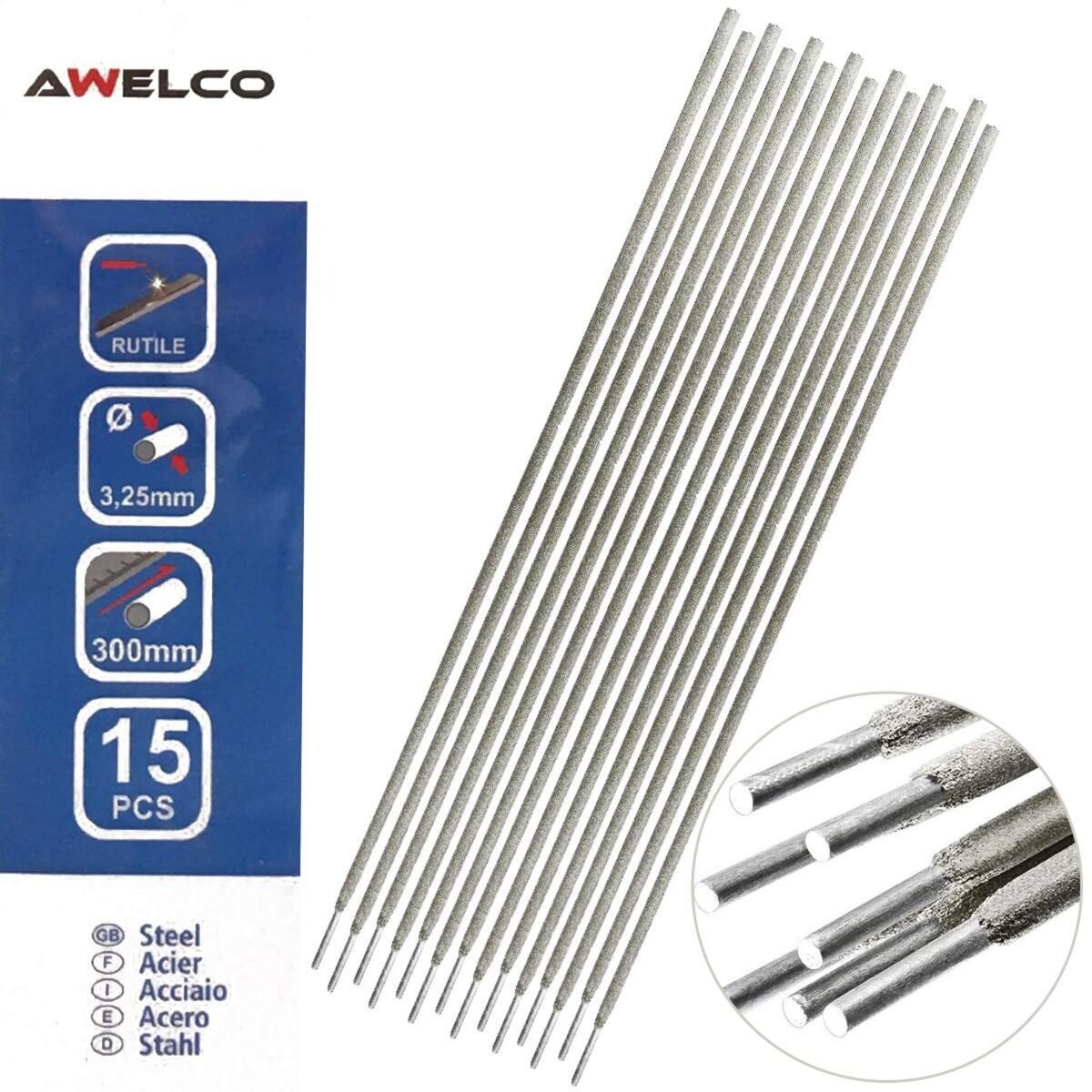 Awelco Etui de 15 Electrodes acier 3,25 x 300 mm Baguette enrobée soudure à l'arc Acier ttes positions AWELCO