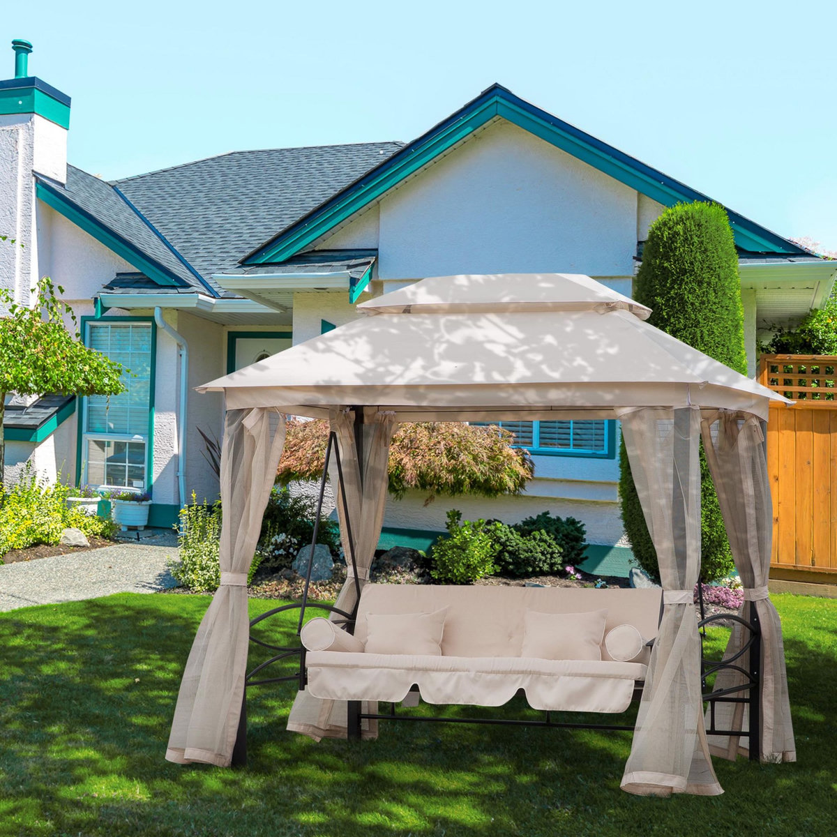 OUTSUNNY Balancelle de jardin 3 places convertible style colonial grand confort 2 coussins + matelas + moustiquaires inclus noir beige