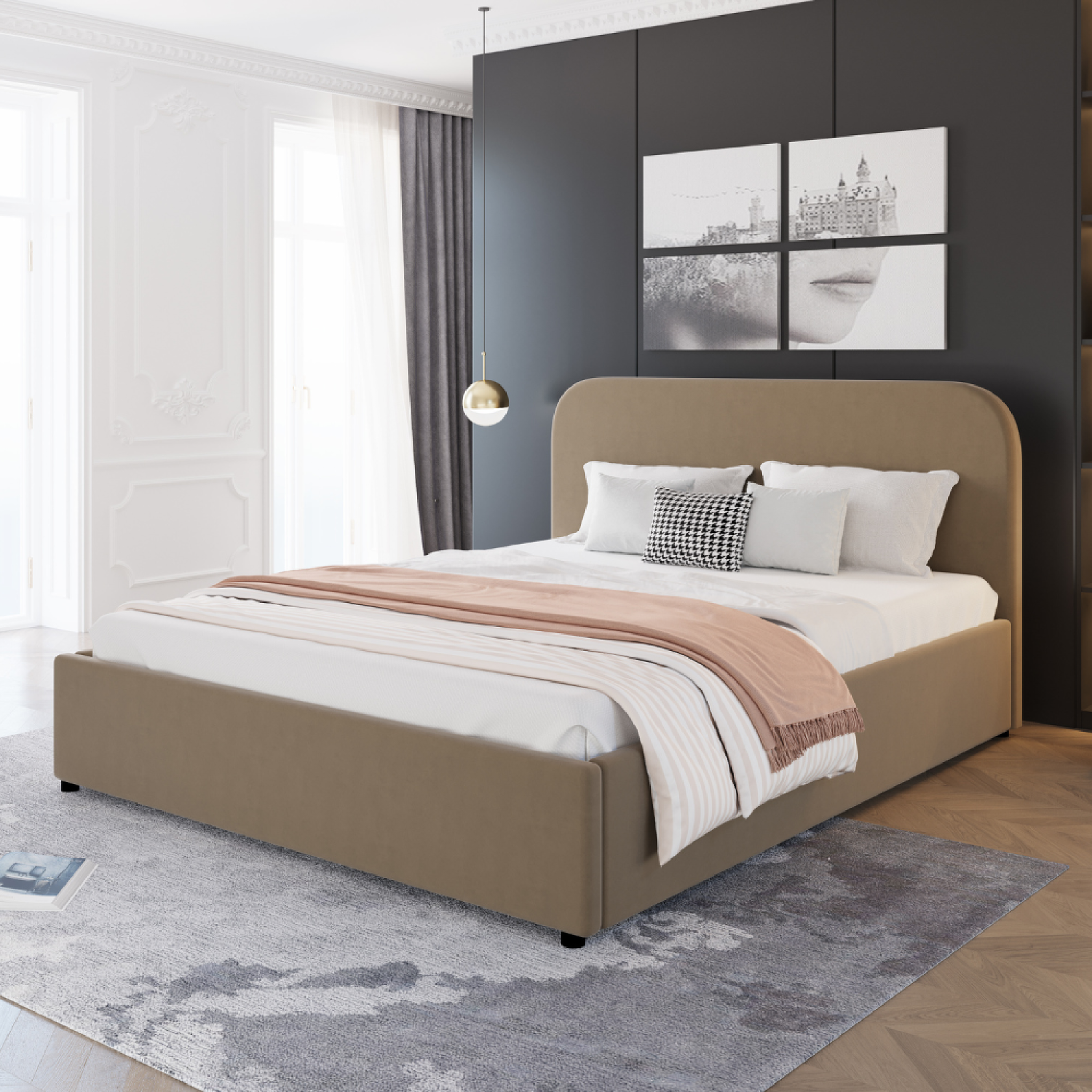 Voir la diapositive 2 : CONCEPT USINE Lit avec coffre de rangement 140x190cm velours taupe houston