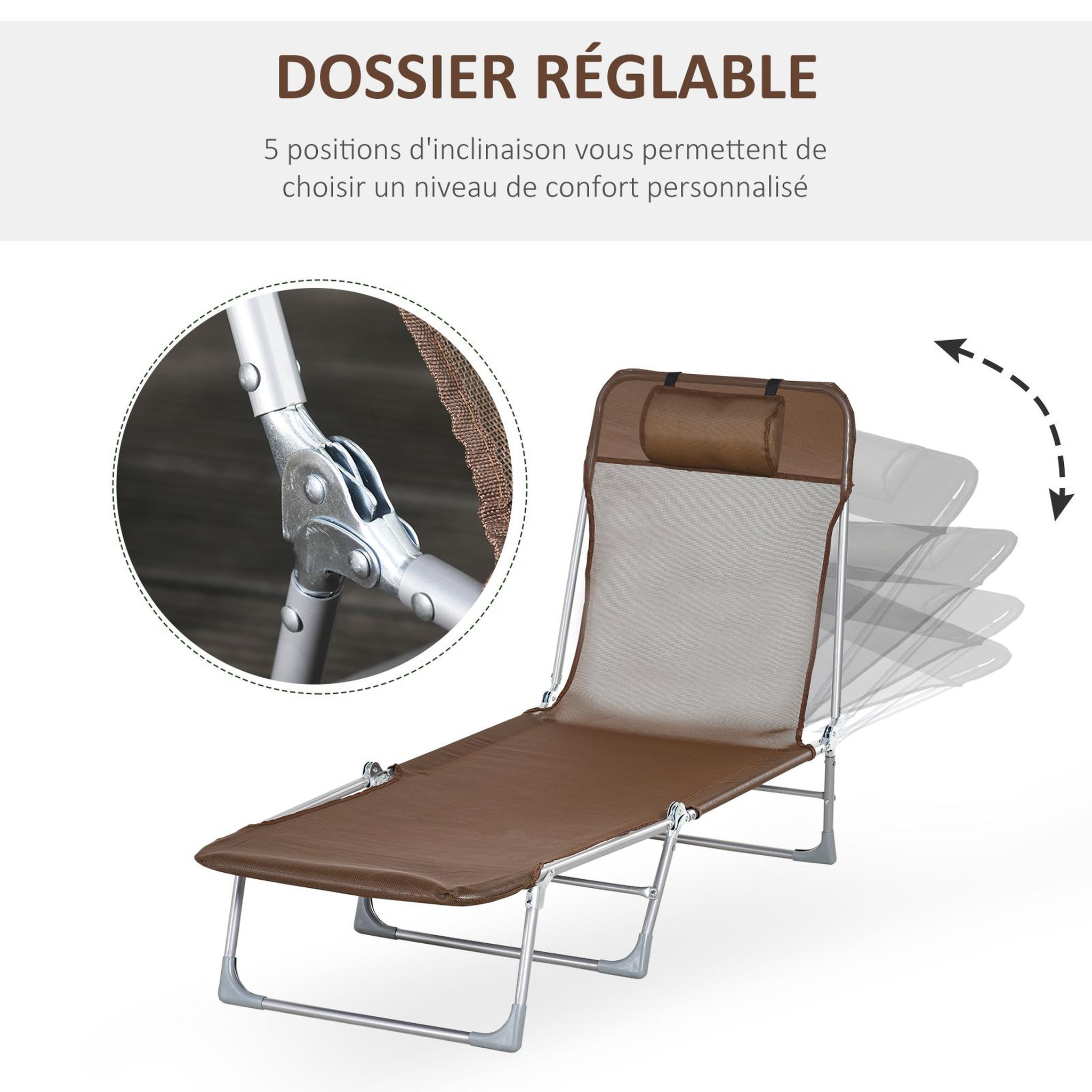 Voir la diapositive 4 : OUTSUNNY Bain de soleil transat pliable dossier réglable 5 positions acier teslin marron