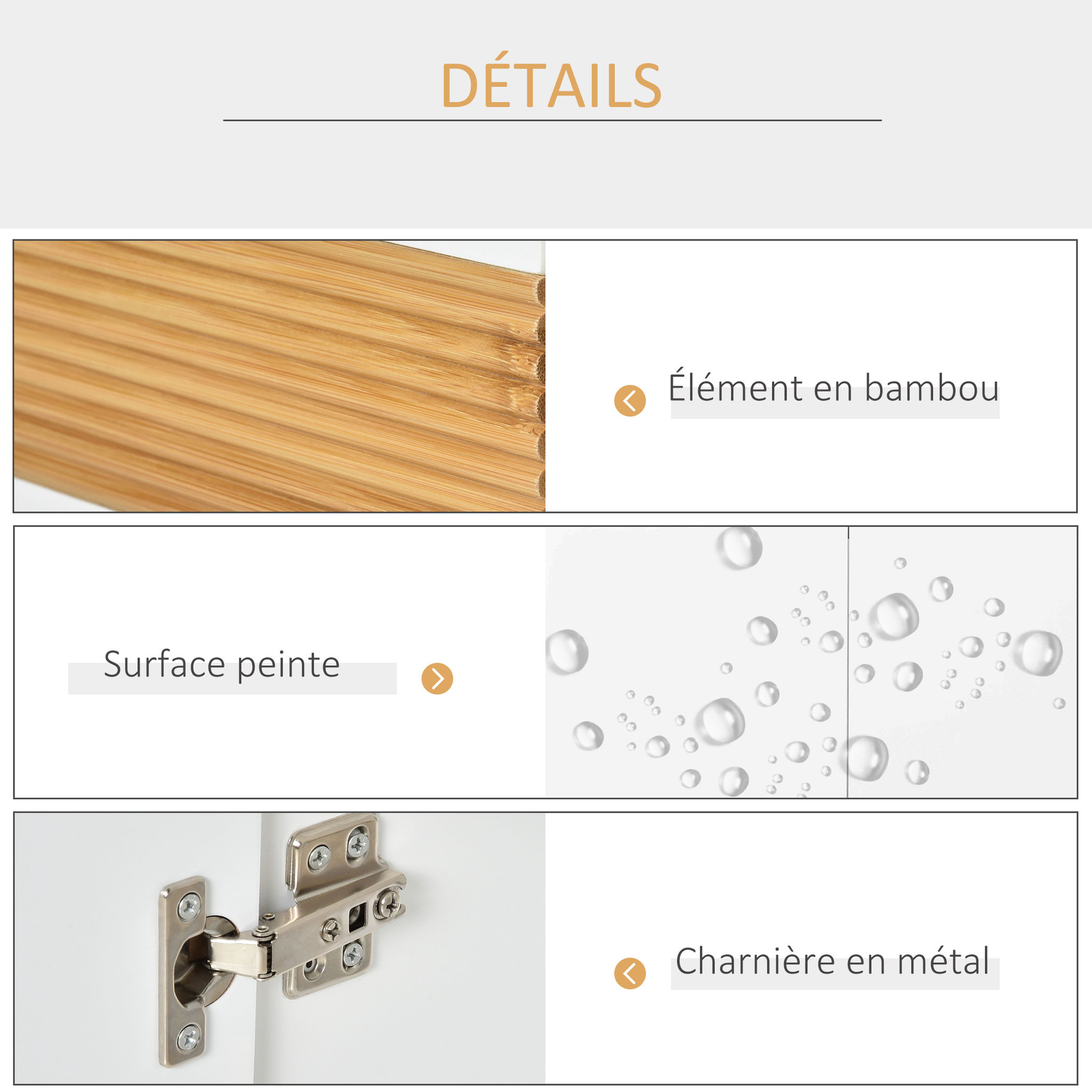 Voir la diapositive 5 : KLEANKIN Meuble vasque style cosy chic bandeau 10 bambous placard 2 portes avec étagère MDF dim. 60L x 30l x 60,5H cm blanc