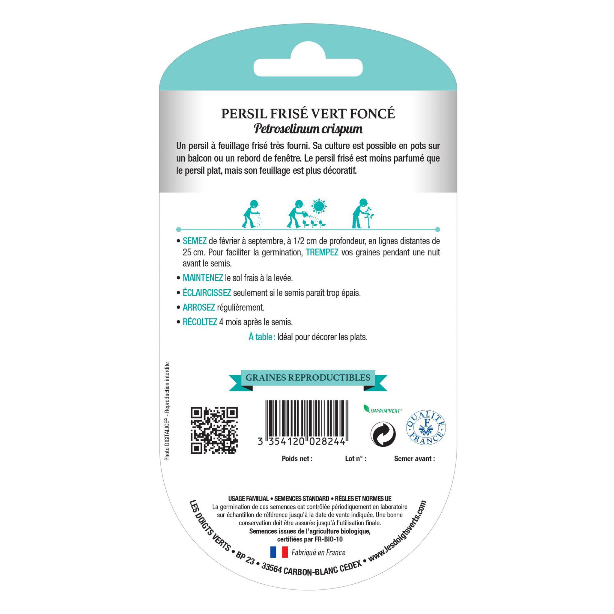 Voir la diapositive 2 : LES DOIGTS VERTS Graines de persil frisé vert foncé BIO Les Doigts Verts