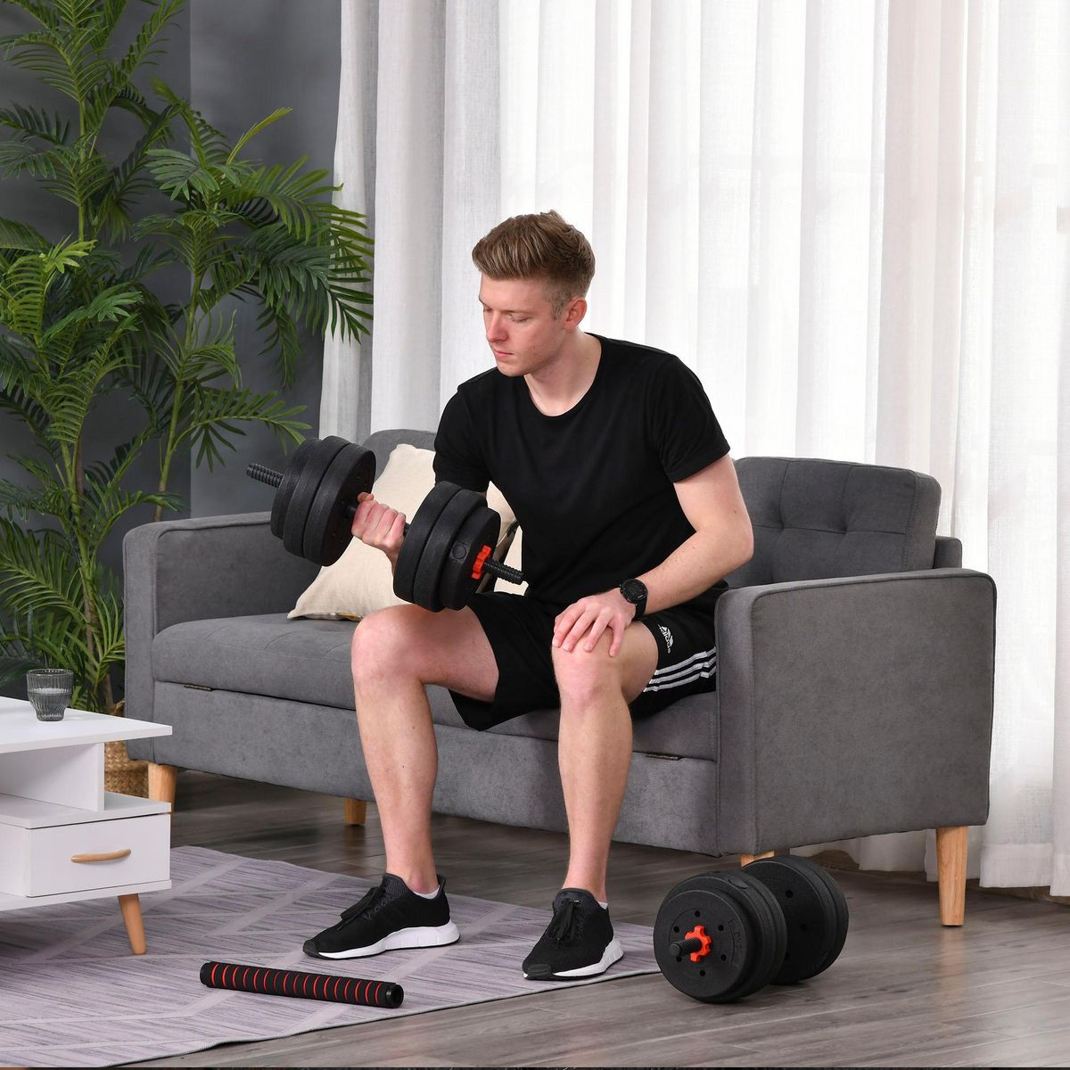 HOMCOM Ensemble d'haltères courtes total 25 Kg - barres incluses - entraînement musculaire & haltérophilie - acier HDPE noir rouge