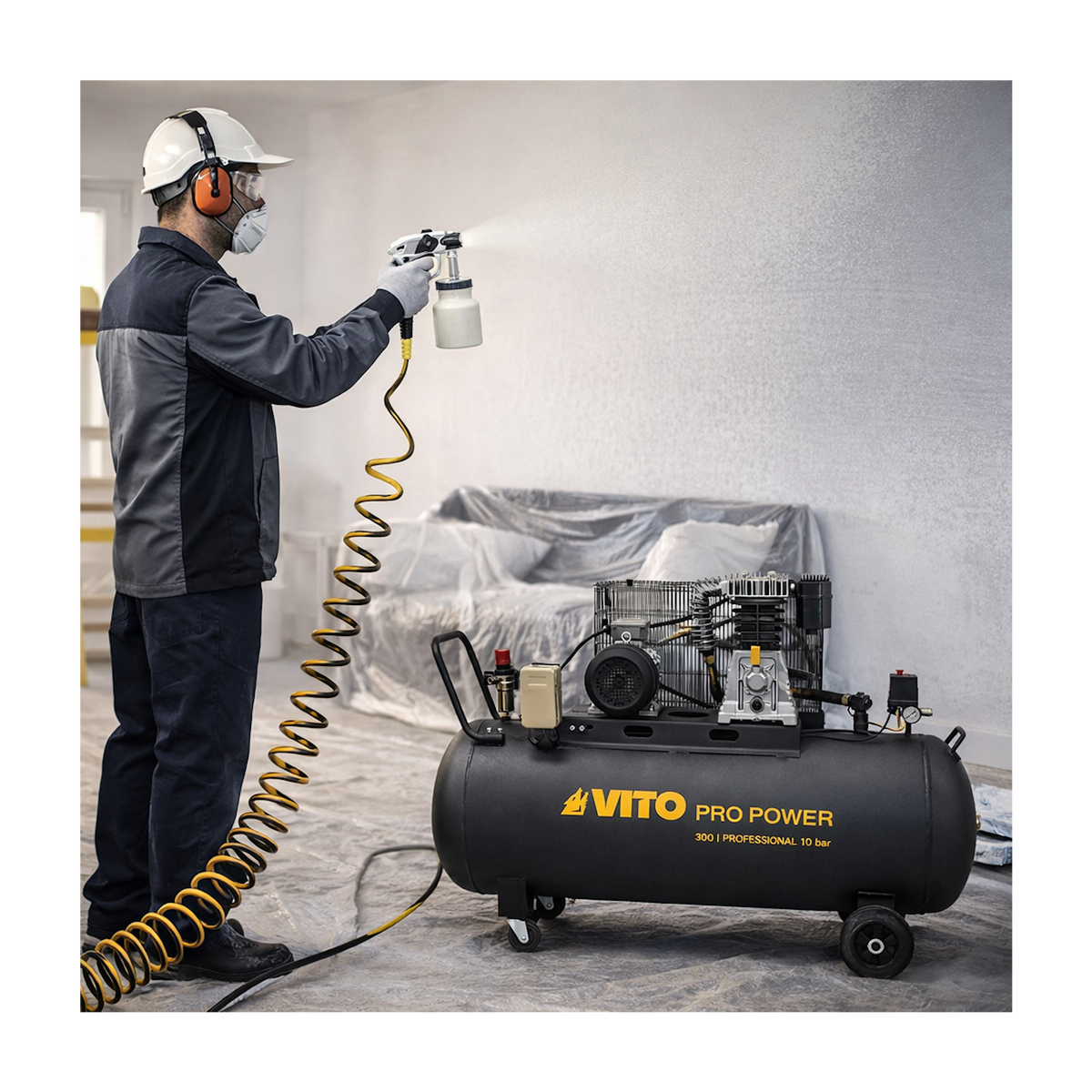 VITO Compresseur à air Courroie triphasé 300L 10 Bar 4000W 5.5CV 500L/min VITO