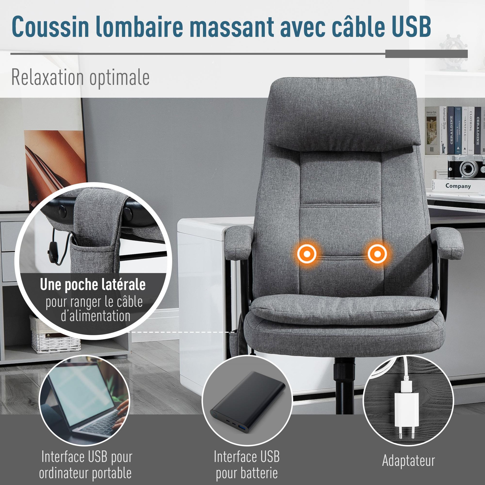Voir la diapositive 4 : VINSETTO Vinsetto Fauteuil bureau manager massant pivotant hauteur réglable tissu lin gris