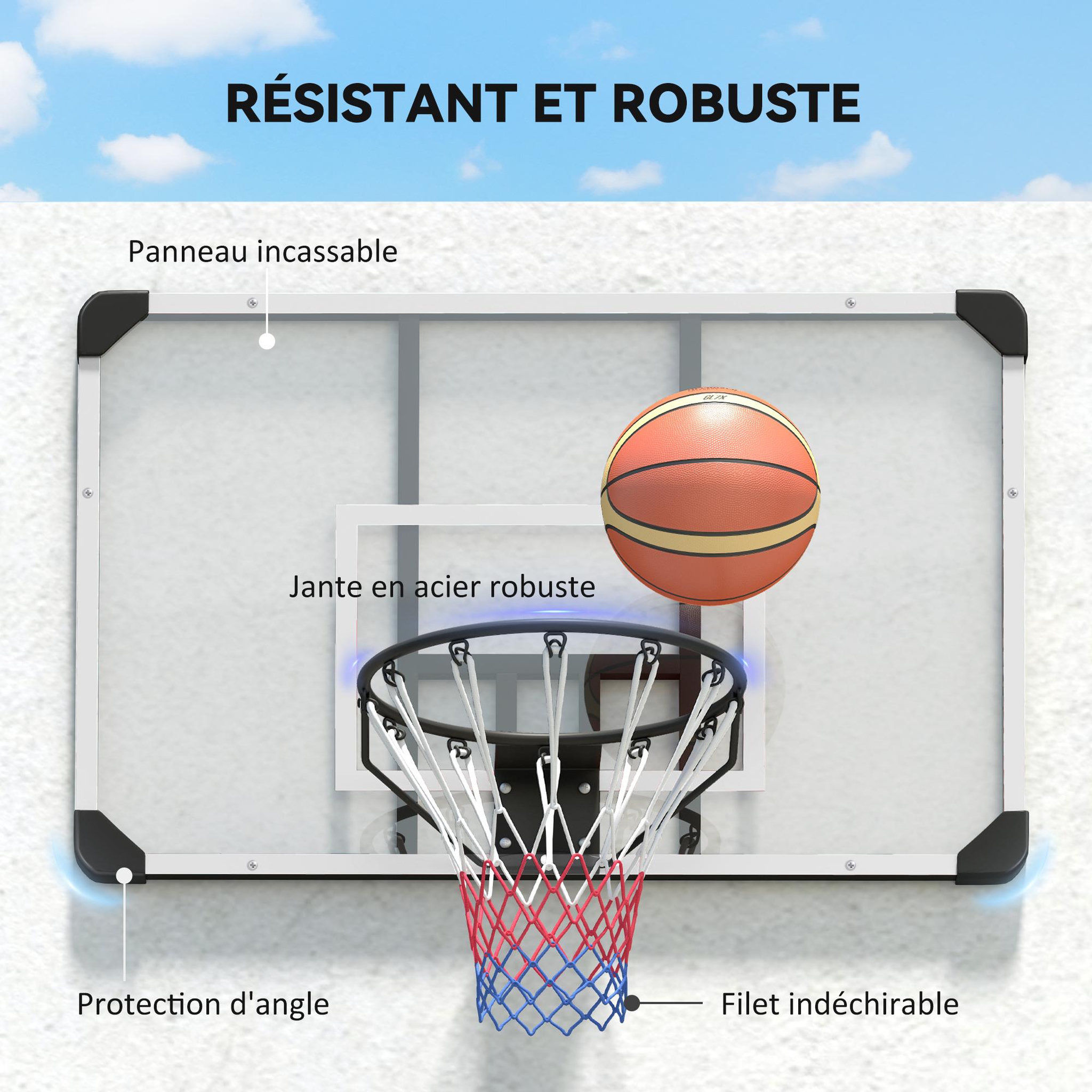Voir la diapositive 5 : HOMCOM Panier de basket-ball mural - panneau de basket à accrocher - visserie incluse - acier pc blanc noir