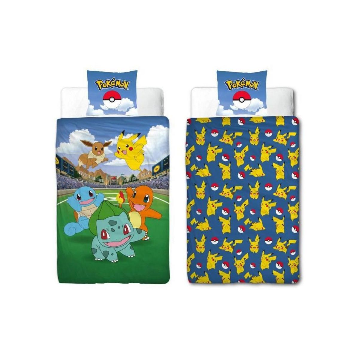 Pokemon Parure de lit réversible - POKEMON - Pikachu et ses amis a l'Arena - Microfibre - 140 x 200 cm + 1 taie 63 x 63 cm