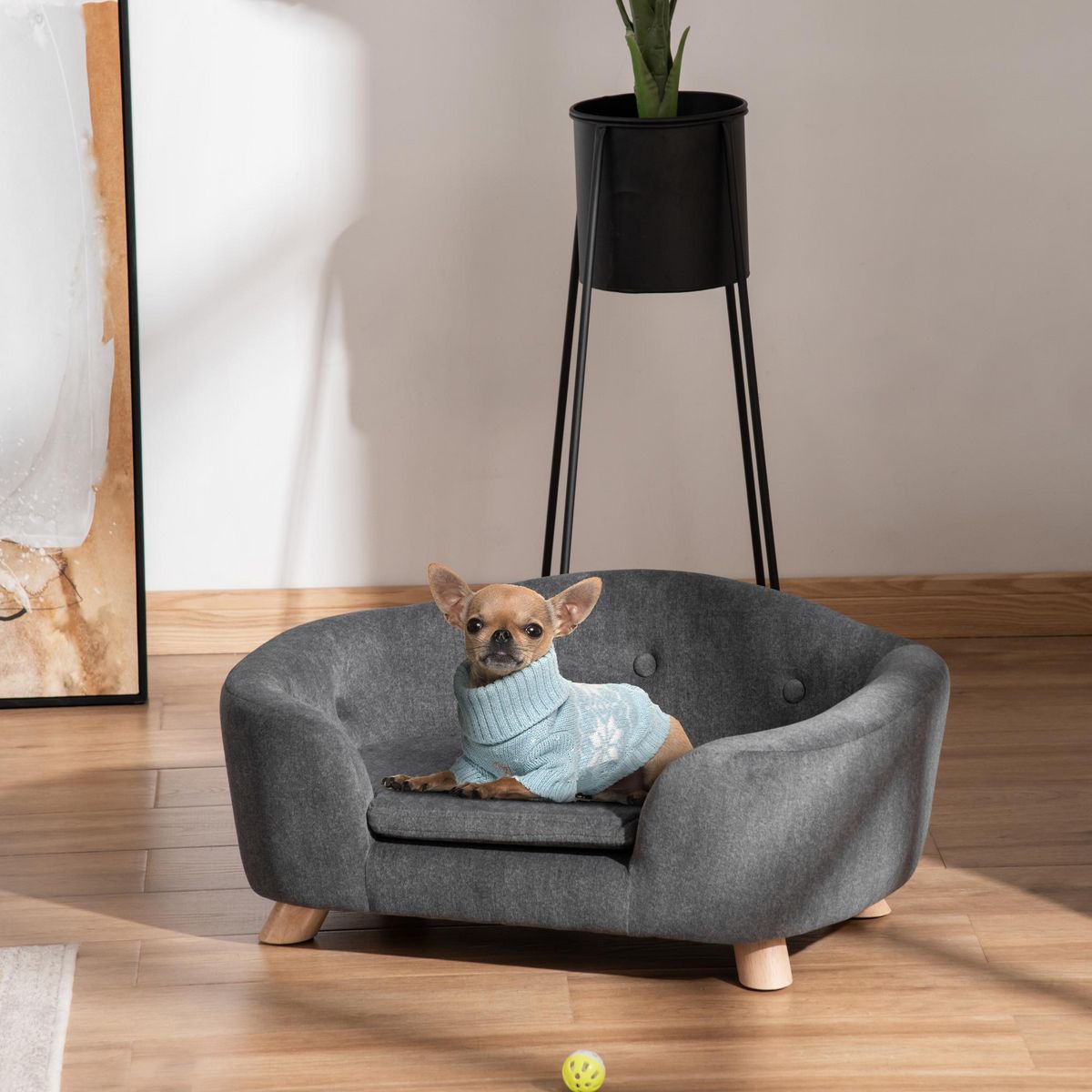 PAWHUT Canapé chien lit pour chien design scandinave coussin moelleux amovible pieds bois massif dim. 70L x 47l x 30H cm peluche courte polyester gris