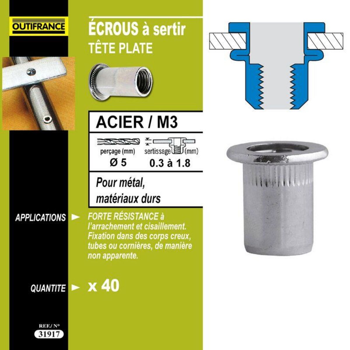 OUTIFRANCE 40 écrous à sertir M8 Ø16 x 1,5 mm 0,5 à 3 mm