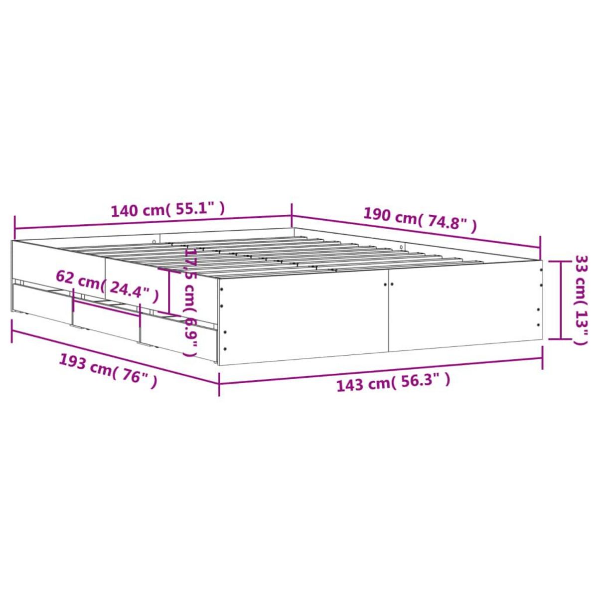 VIDAXL Cadre de lit avec tiroirs sans matelas gris beton 140x190 cm