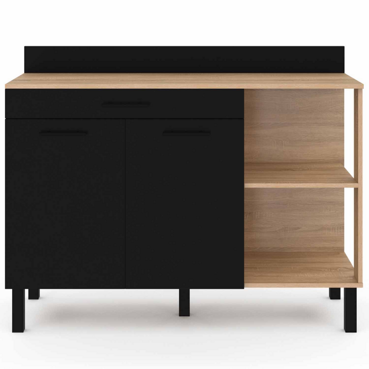 ID MARKET Buffet bas de cuisine 120 CM CINA plan de travail H.83 cm 2 portes + tiroir façon hêtre et noir