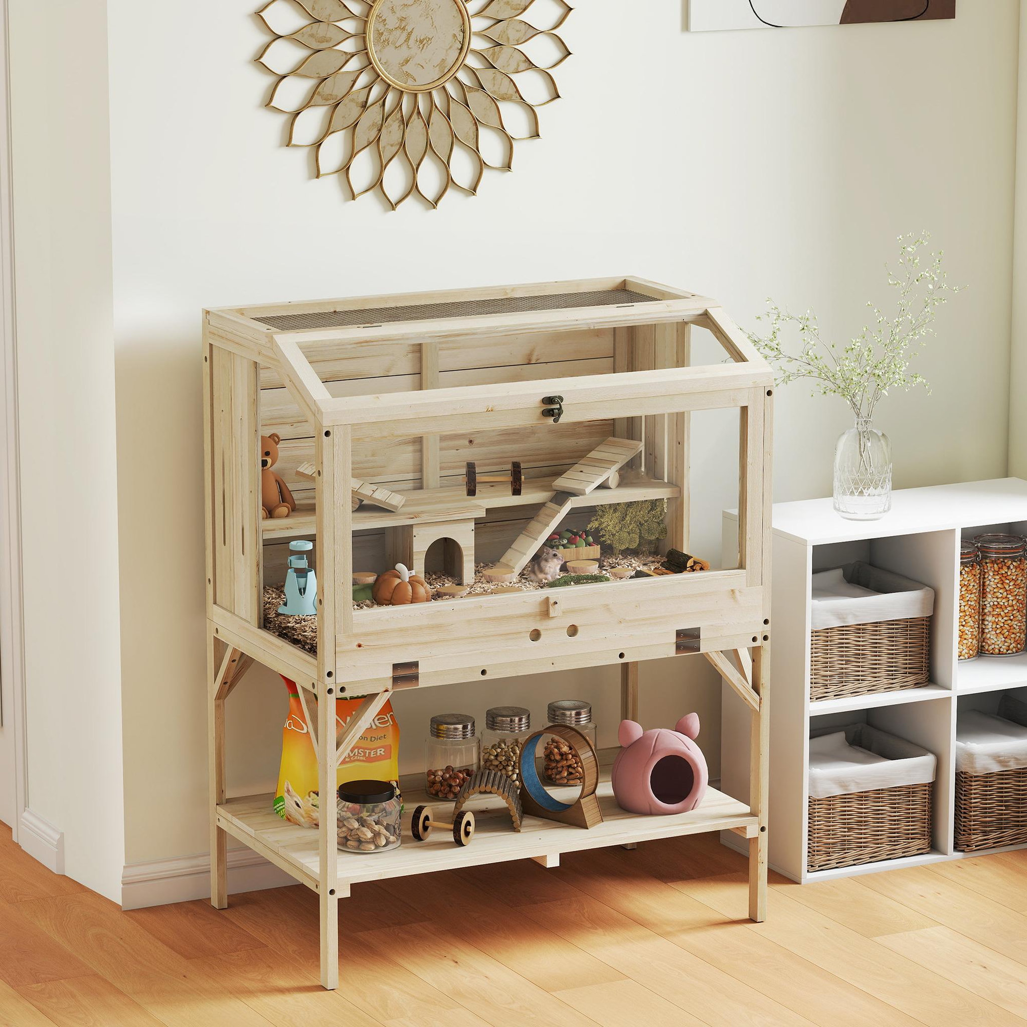 Voir la diapositive 2 : PAWHUT Cage hamster rongeur en bois - 2 niveaux - étagère - accessoires - 84 x 53 x 110 cm
