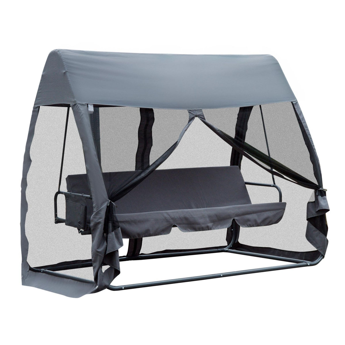 OUTSUNNY Balancelle de jardin convertible 3 places grand confort : matelas assise dossier, moustiquaire intégrale zippée avec toit,  pochette rangement métal époxy polyester gris