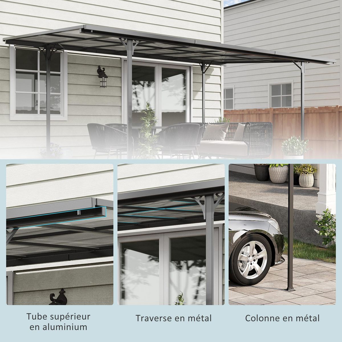 OUTSUNNY Pergola adossable rigide acier alu. toit polycarbonate dim. 5L x 2,99l x 2,23H m gris