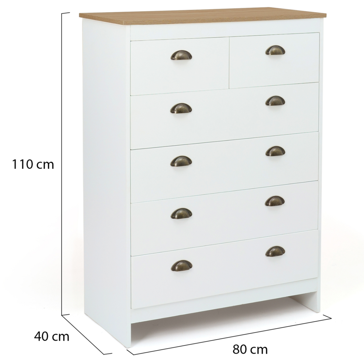 ID MARKET Commode 6 tiroirs ISIS 80 cm blanc et plateau bois