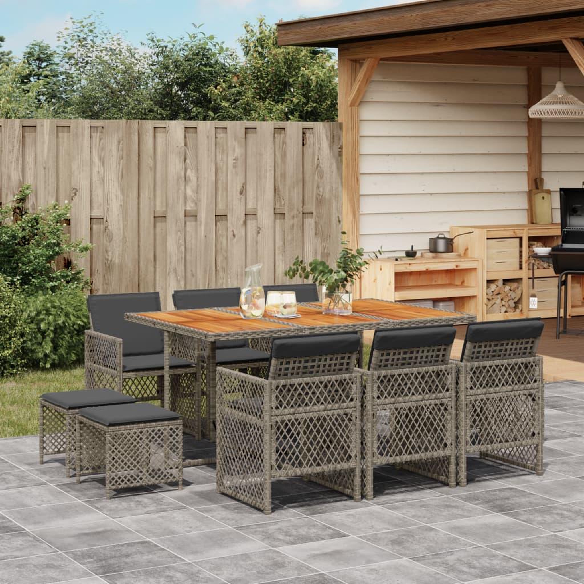 VIDAXL Ensemble a manger de jardin 11pcs avec coussins gris poly rotin