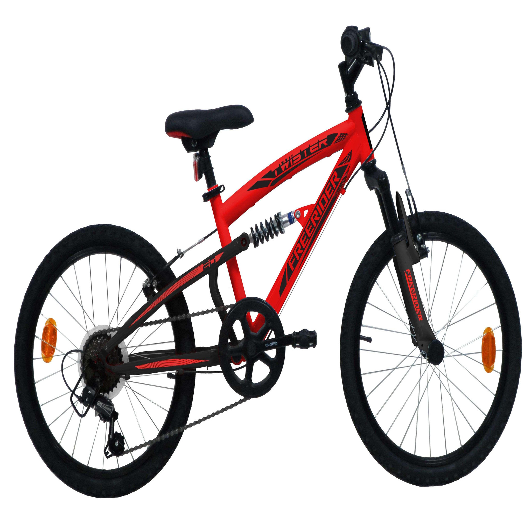 Voir la diapositive 1 : Vélo enfant (120/140 cm) - VTT 20'' Tout Suspendu   Twister   - Fourche télescopique - Cadre suspendu acier - 6 Vitesses  - Dérailleur Shimano TY21 - Frein V-Brake et Jantes en aluminium