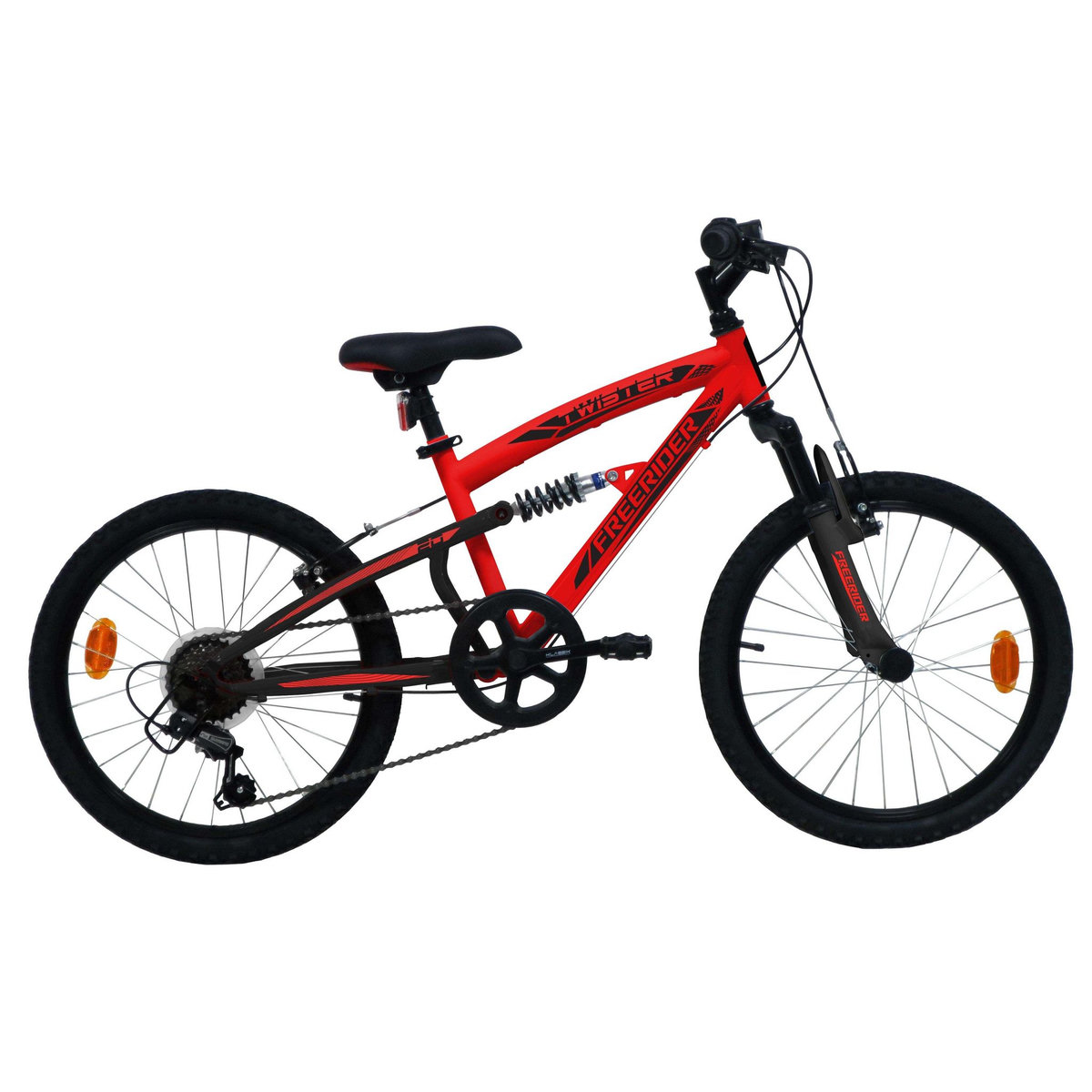 Vélo enfant (120/140 cm) - VTT 20'' Tout Suspendu   Twister   - Fourche télescopique - Cadre suspendu acier - 6 Vitesses  - Dérailleur Shimano TY21 - Frein V-Brake et Jantes en aluminium