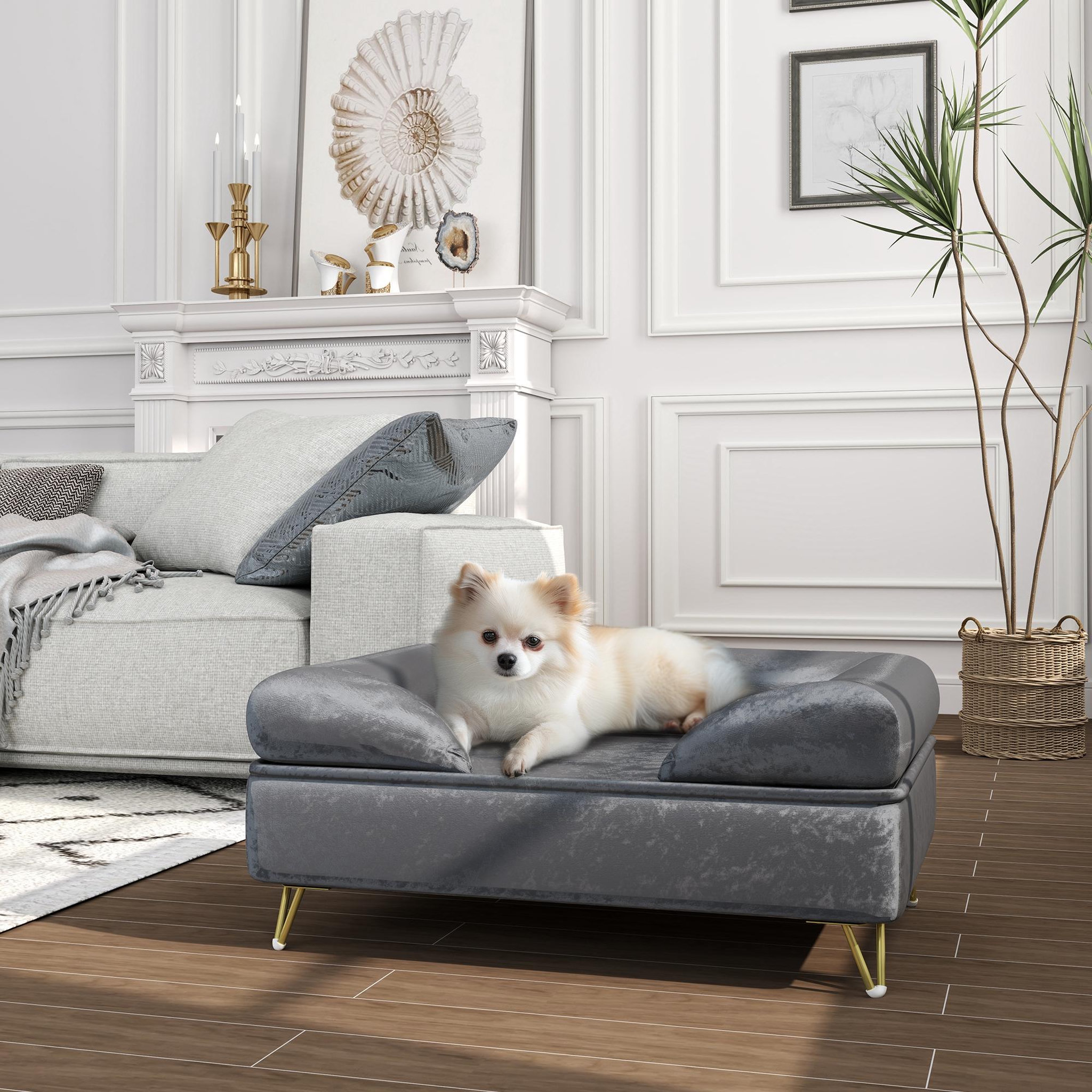 Voir la diapositive 2 : PAWHUT Canapé pour chien design - dim. 76l x 53,5l x 34h cm - piètement épingle métal doré velours gris