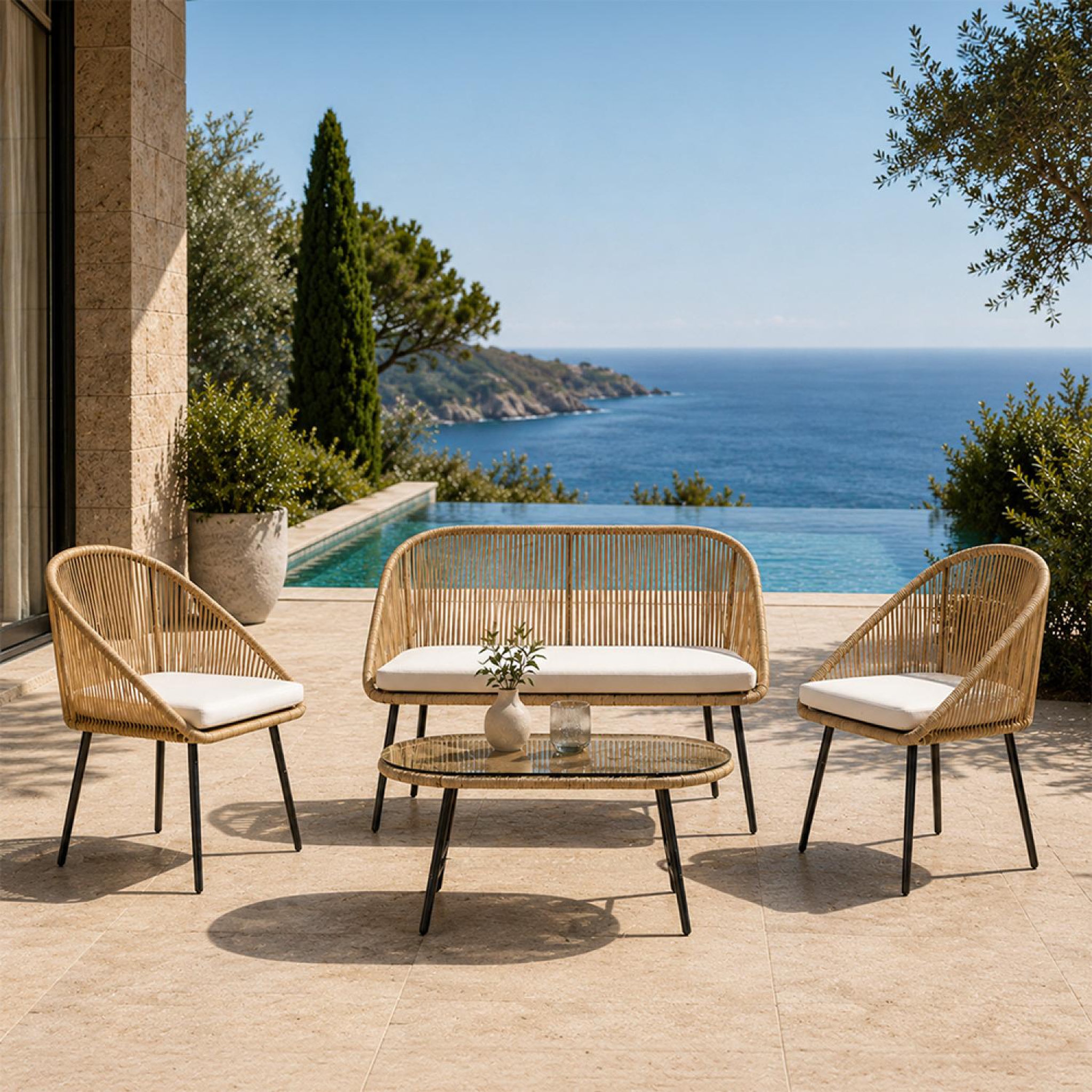 Voir la diapositive 5 : CONCEPT USINE Salon de jardin 4 places avec table basse effet rotin naturel ravello